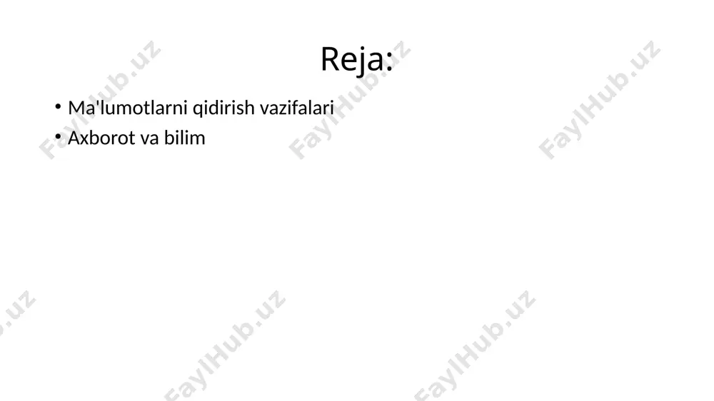 matik statistika usullari, neyron tarmoqlar va boshqalar keng qo'llaniladi. og`ishlarni aniqlash, og'ish yoki tashqi tahlil. ushbu muammoni hal qilishning maqsadi umumiy ma'lumot to'plamidan eng farq qiladigan ma'lumotlarni aniqlash va tahlil qilish, uncharacteristic shakl deb ataladigan narsalarni aniqlashdir. baholash. hisoblash vazifasi xususiyatning doimiy qiymatlarini bashorat qilishgacha kamayadi. bog'lanishni tahlil qilish - ma'lumotlar bazasida bog'liqlikni topish vazifasidir. vizualizatsiya (visualization, graph mining). vizualizatsiya natijasida tahlil qilingan ma'lumotlarning grafik tasviri yaratiladi. vizualizatsiya muammosini hal qilish uchun ma'lumotlarda shakl mavjudligini ko'rsatadigan grafik usullar qo'llaniladi. vizualizatsiya texnikasiga misol sifatida 2d va 3d o'lchamlarda ma'lumotlarni taqdim etish mumkin. xulosa qilish - bu tahlil qilinadigan ma'lumotlar bazasidagi ob’yektlarning aniq guruhlarini tavsiflash vazifasi. image1.png image2.jpeg image3.png image4.jpeg /docprops/thumbnail.jpeg