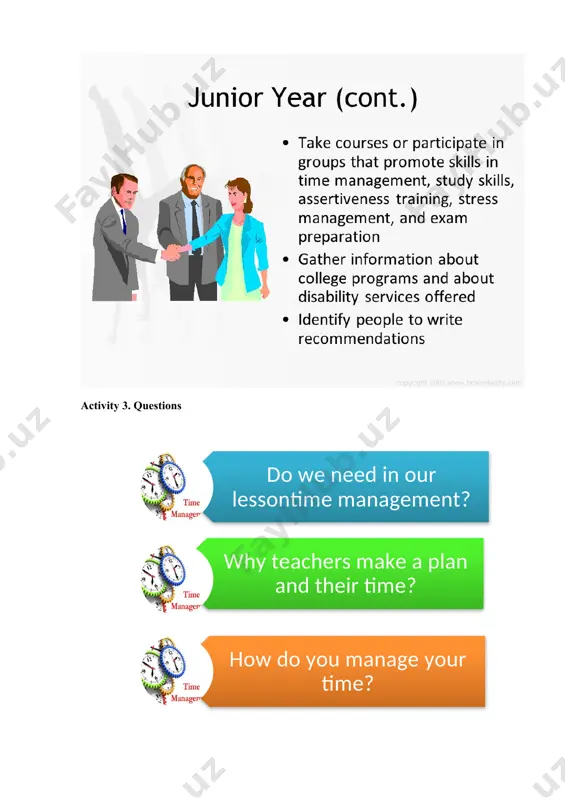 s quickly. each member is assigned a topic and then provides a summary to the group. · get exercise. eat right. get plenty of sleep. yeah, you've heard this before, but let us say it again. get exercise, eat right and get plenty of sleep. if you're not at your peak, you won't be able to focus or concentrate, nor will you have the energy or stamina to get your studies completed efficiently. going to bed an hour early, can make all the difference the next day in your ability to make the best use of your time. · be flexible. you can't plan for everything. unforeseen obstacles are bound to pop up, so plan accordingly and be flexible. just want sure to get back on track as soon as possible and maintain your monthly, weekly and daily schedule. activity 2 . cluster activity 3. questions activity 4. additional information. …