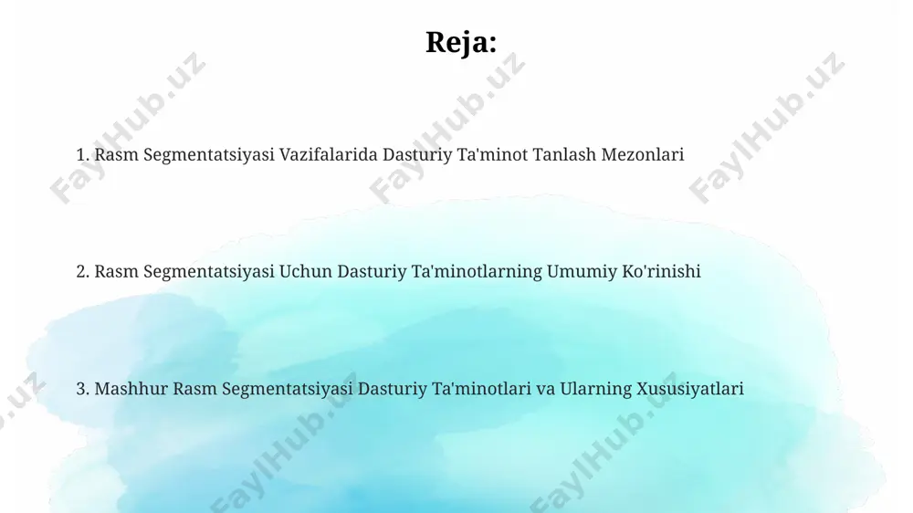 tlarga ega bo'lgan hududlarni birlashtiradi, natijada segmentlar hosil bo'ladi. an'anaviy rasm segmentatsiya usullaridan biri bo'lgan chegaralarni aniqlash (edge detection) usuli, sobel yoki canny operatorlari kabi 2d konvolyutsiya filtrlarini qo'llab, tasvirdagi 1 dan 5 pikselgacha bo'lgan chegaralarni aniqlashga imkon beradi. mashinani o'rgatishga asoslangan segmentatsiya vositalari mashina o'rgatishga asoslangan segmentatsiya vositalari, masalan, u-net yoki mask r-cnn, 100 dan ortiq sinflarni aniqlashda 90% dan yuqori aniqlikka erisha oladi, bu esa tibbiy tasvirlarni tahlil qilishda juda foydali. real-time segmentatsiya uchun, masalan, avtomatik haydovchilarsiz transport vositalarida, kam quvvat sarflaydigan va tezkorligi yuqori bo'lgan, mobil qurilmalarda ishlashi mumkin bo'lgan 10 fps dan yuqori tezlikdagi modellar afzal ko'riladi. segmentatsiya uchun katta ma'lumotlar to'plamlaridan foydalanuvchi chuqur o'rganish modellarini o'qitish, 5000 dan ortiq tasvirlarni talab qilishi mumkin va natijada yuqori aniqlikdagi segmentatsiya natijalarini beradi. rasm segmentatsiyasi uchun dasturiy vositalarining umumiy ko'rinishi rasm segmentatsiyasi uchun ochiq manbali vositalar, masalan, opencv va scikit-image kutubxonalari, 100 dan ortiq turli algoritmlarni va funksiyalarni …