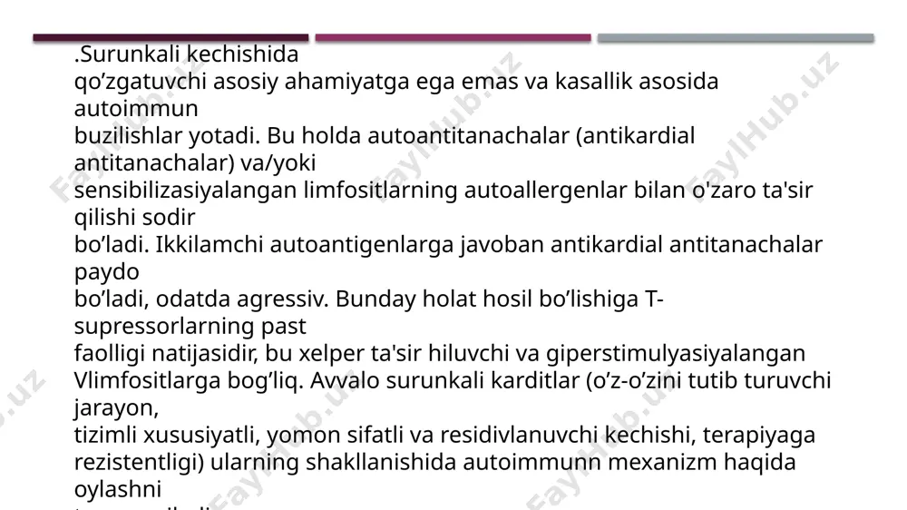 qanday yoshda uchraydi, lekin og’ir shakllari 3 yoshgacha bolalar uchun xosdir. ular virusli infeksiya vaqtida yoki undan ko’p otmay paydo bo’ladi. kardit vujudga kelishida bola organizmi oldingi sensibilizasiyasi va yoki allergik moyilligi ahamiyatli orinni egallaydi. o’rvi belgilari pasaygan sari yurak zararlanishi ekstrakardial belgilari yetakchi bo’ladi orttirilgan karditlarni tashxislash mezonlari anamnestik: homiladorlik paytida onaning kasallanishi, ishlab chiqarishdagi zararali omilar ta'siri, ba'zi dori vositalarini uzoq vaqt qabul qilish, alkogolni ko’p iste'mol qilish. kasallikning ilk belgilari o’rvi vaqtida yo’ki undan 1-2 haftadan so’ng vujudga keladi, bola organizmining oldingi sensibilizasiyasi, konstitutsiya anomaliyalari borligi, emlashqoidalariga rioya hilmaslik xastalik kelib chiqishida ahamiyatga ega. klinikasi: -ekstrakardial: ishtaha pasayishi, tana vazni ortishining orqada qolishi yo’ki yo’mon o’shishi, holsizlik, ko’p terlash, tez charchashlik; jizzakilik, asabiylashish xurujlari, ba'zida hushidan ketish, tirishishlar, gemiparez, bezovtalik va tunlari ingrab chiqish; kongil aynashi va qusish; terining kul rang tusdagi rangparligi; tana vaziyati o’zgarganda kuchayuvchi xiraxandon yo'tal. -kardial: avvaliga chap qorincha, keyin total yurak yetishmovchiligi; …