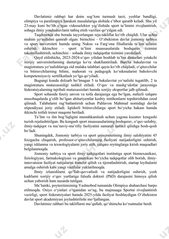 i o‘zaro bog‘liqlikni ta’minlash islohotlarimizning asosiy yo‘nalishlaridan biridir. hurmatli forum ishtirokchilari! albatta, yangi o‘zbekiston o‘z oldiga qo‘ygan yuksak marralarni amalga oshirishda xalqaro moliya tashkilotlari, xorijiy davlatlar va yetakchi kompaniyalar bilan yaqindan hamkorlik qilmoqda. shu o‘rinda, bizga xayrixoh bo‘lgan, birgalikdagi loyihalarni amalga oshirishda faol ishtirok etayotgan barcha hamkorlarimizga o‘z minnatdorligimni bildiraman. aminmanki, tadbirda jahon banki, osiyo taraqqiyot banki, osiyo infratuzilmaviy investitsiyalar banki singari nufuzli tashkilotlar vakillari va salohiyatli investorlar qatnashayotgani mazkur forum ishini yanada samarali bo‘lishiga xizmat qiladi. bugungi anjuman ishtirokchilari yangi loyihalarni amalga oshirish bo‘yicha o‘zaro manfaatli kelishuvlarga erishib, sheriklik aloqalarimizni yanada kengaytirishga munosib hissa qo‘shadilar, deb ishonaman. fursatdan foydalanib, barchangizga mustahkam sog‘liq, sharafli va mas’uliyatli faoliyatingizda ulkan kuch-g‘ayrat va omadlar, forum ishiga esa katta muvaffaqiyatlar tilayman. sport ta’limi va ilmini rivojlantirish bo‘yicha takliflar ko‘rib chiqildi prezident shavkat mirziyoyev jismoniy tarbiya va sport sohasida kadrlar tayyorlash, ilmiy tadqiqotlarni rivojlantirish bo‘yicha takliflar taqdimoti bilan tanishdi. mamlakatimizda sportga yaratilayotgan sharoitlar tufayli aholi …