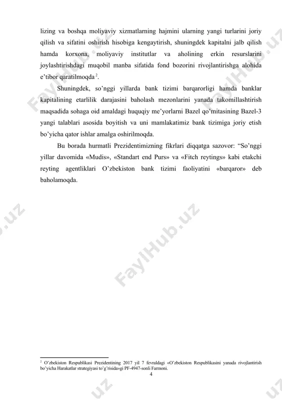 borat . fikrimizcha bank faoliyatini nazorat qilishni usullarini ikkiga (masofadan turib va joylarda tekshirish usullari) ajratib o‘rganish maqsad muvofiqdir. masofadan turib tijorat banklari faoliyatini nazorat qilish usuli asosan, evropa mamlakatlarida keng qo‘llanilgan. bunda markaziy bank tijorat banklari moliyaviy hisobotlarini tahlil qilish yo‘li bilan nazorat olib boriladi. bu usulda markaziy bankning nazorat departamentlari tashqi audit firmalari bilan yaqin munosabatda bo‘ladi. har yili yil tugashidan oldin barcha sertifikatlangan tashqi audit firmalariga audit tekshirishlarida tijorat banklari faoliyatining qaysi qirralariga asosiy e’tiborni qaratishlari zarurligi ko‘rsatiladi. ayrim hollarda tashqi audit firmalarining ishchi materiallariga, garchi ularning xususiy mulki bo‘lsada, ushbu materiallardan foydalanish talab qilinadi. tijorat banklari faoliyatini joylarga borib, (inspektsiya qilish) tekshirish amerika qo‘shma shtatlari bank nazorati amaliyotida keng foydalanidigan usuldir. aqsh bank nazorati departamentlarida juda ko‘p sonli inspektorlar ishlashadi. ular doimiy joylarga chiqib, tijorat banklari hujjatlarini bevosita tekshirib bank boshqaruviga baho beradilar. agar bank kapitalini yiriklashtirish uchun amalga oshirilgan qo‘shilishlar tufayli banklar soni bir oz …