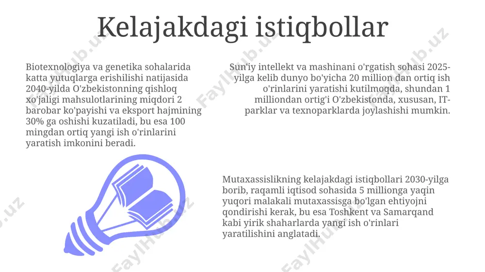 million mutaxassisga bo'lgan talab mavjud bo'ladi, shuning uchun o'zbekistonda mutahasislikni rivojlantirish, mamlakatning xalqaro bozordagi raqobatbardoshligini oshirishda muhim ahamiyat kasb etadi. mutahasislik, o'zbekistonning 2030-yilga kelib jahon iqtisodiyotining eng ilg'or 50 ta davlati qatoriga kirish maqsadlariga erishishda 30% ga yaqin hissani tashkil etadi, chunki yuqori malakali mutaxassislar innovatsiyalarni rivojlantirishda muhim rol o'ynaydi. mutahasislikning ahamiyati samarqand va toshkent kabi yirik shaharlardagi texnologiya parklari va it-kompaniyalarning 70% dan ortiq muvaffaqiyatini ta'minlaydi, chunki ularning faoliyati yuqori malakali mutaxassislarga bog'liq. e'tiboringiz uchun rahmat @taqdimot_robot image1.jpeg image2.jpeg image3.jpeg