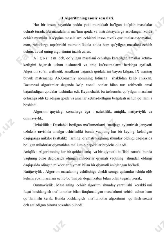 masalani echib bo’lmaydi degan xabar bilan bilan tugashi kerak. ommaviylik . masalaning echish algoritmi shunday yaratilishi kerakki uni faqat boshlangich ma’lumotlar bilan farqlanadigan masalalarni echish uchun ham qo’llanilishi kerak. bunda boshlangich ma’lumotlar algoritmni qo’llash soxasi deb ataladigan birorta soxadan olinadi. 2. algoritmni tavsiflash usullari va ularga misollar. algoritmni ishlab chiqishda uni bir necha xil usul bilan ifodalab bersa bo’ladi. shulardan uchtasi keng tarkalgan bo’lar : 1. algoritmni oddiy tilda tavsiflash 2. algoritmni tizim ko’rinishida ifodalash 3. algoritmni maxsus (algoritmik) tilda yozish. 2.1 algoritmni oddiy tilda tavsiflash. algoritmlarni ifodalashning eng keng tarkalgan shakli bu oddiy tilda so’zlar bilan bayon qilishdir. bu nafaqat xisoblash algoritmlarda balki xayotiy turmishdagi algoritmlarga ham tegishlidir. masalan biror bir taom yoki kandolat maxsulotini tayyorlashning retsepti ham oddiy tilda tavsiflangan algoritmdir. shaharlararo telefon avtomat orqali aloka o’rnatishning o’ziga xos algoritmidan foydalanasiz. dukondan yangi kir yuvish mashinasi yoki magnitafon sotib olinsa ishni foydalanishning algoritmi bilan tanishishdan boshlaymiz. masalani exm …