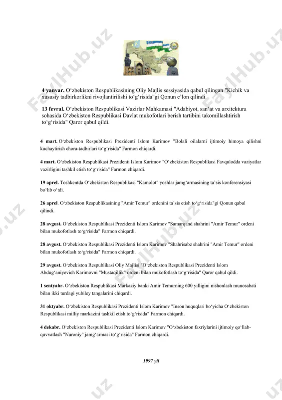 di. sessiyada prezident islom karimov o‘zbekiston ijtimoiy-siyosiy va iqtisodiy rivojlanishining asosiy tamoyillari haqida ma’ruza qildi. 26 mart. o‘zbekiston respublikasi prezidenti islom karimovning vakolatlari muddatini 1997 yildan 2000 yilgacha uzaytirish masalasiga bag‘ishlangan umumxalq referendumi bo‘lib o‘tdi. 29 mart. o‘zbekiston respublikasi prezidenti islom karimovga prezidentlik vakolatlari muddatini 1997 yildan 2000 yilgacha uzaytirilganligi to‘g‘risidagi guvohnoma topshirildi. xalq ishonchining ushbu mandatini davlat rahbariga o‘zbekiston respublikasi referendumini o‘tkazish bo‘yicha markaziy komissiya raisi qudratilla ahmedov 26 martda bo‘lib o‘tgan umumxalq referendumining yakunlari asosida topshirdi. 1 may. o‘zbekiston respublikasi prezidenti islom karimov "o‘zbekiston respublikasi milliy xavfsizlik kengashi to‘g‘risida" farmon chiqardi. 31 avgust. o‘zbekiston respublikasining oliy majlis iii sessiyasida qabul qilingan "mehnat shuhrati" ordenini ta’sis etish to‘risida"gi qonunini e’lon qildi. 31 avgust. o‘zbekiston respublikasining oliy majlis iii sessiyasida qabul qilingan "shon-sharaf" ordenini ta’sis etish to‘risida"gi qonunini e’lon qildi. 15 sentyabr. o‘zbekiston respublikasi oliy majlisining 1995 yil 30 avgustdagi qaroriga binoan qabul qilingan o‘zbekiston respublikasining "harbiy doktrinasi" e’lon qilindi. …