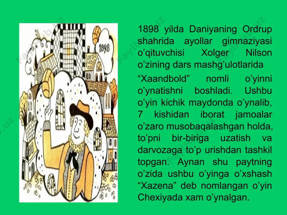siyasi 11x11 gandbol o’yinini rivojlantirishga katta e’tibor qaratdi, ammo ushbu o’yinga bo’lgan qiziqish kamayib “kichik gandbol” rivojlana boshladi. 1954 yilda faqatgina 4 jamoa o’zaro baxslashishdi, bunda mezbonlar g’alaba qozonishdi. 7x7 gandbol o’yini bo’yicha birinchi jahon birinchiligi 1957 yili ayollar o’rtasida yugaslaviyada ochiq maydonda o’tkazildi. chexoslavakiya terma jamoasi g’alaba qozonishdi. · 1936 yil berlindagi xi olimpiada o’yinlarida 6 ta erkaklar jamoalari musobaqalashdilar. keyingi olimpiya o’yinlarida gandbolchilar qatnashmadilar, chunki musobaqa dasturlariga gandbol sport turi kirilmagan edi. faqatgina 1972 yili myunxen shaxrida bo’lib o’tgan xx olimpiyada o’yinlarida musobaqa dasturiga erkaklar jamoasi kiritildi. 1976 yilda esa monreal shaxrida xxi olimpiada o’yinlariga ayollar jamoalari xam kiritildi. · gandbol rivojlanish tarihini bir qancha davrga bo’lish mumkin: · 1898-1941 yillar – o’yinning paydo bo’lishi, tarqalishi va tashkil topishi; · 1946-1957 yillar – asosan 11x11 gandbol o’yinining rivojlanishi; · 1957-1972 yillar – 7x7 gandbol o’yining ommalashuvi; · 1972 yildan keyin – o’yinning butun dunyo bo’ylab ommaviylashuvining zamonaviy davri. …