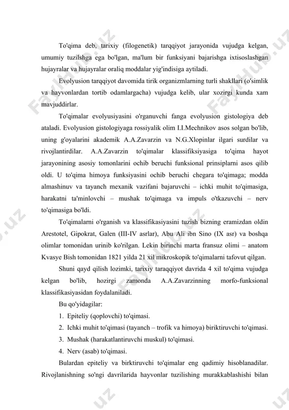 hning so'ngi davrilarida hayvonlar tuzilishing murakkablashishi bilan birga mushak va nevr to'qimalari takomillashgan. mushak to'qimasi harakat funksiyalarini bajarsa, nerv to'qimalari qolgan barcha to'qimalarini o'zaro bog'lab, organizmning bir butunligini ta'minlash bilan bir qatorda shu organizmlarni tashqi muhit bilan aloqsini tiklab turadi. to'qimalarning hosil bo'lish jarayoniga – gistogenez deb ataladi. to'qimalarning differensiallanishida 4ta davr farq qiladi. 1. ootipik; 2. blastomer; 3. ko'rtak; 4. to'qima differensiallanish davri. 1. ootipik davri – yunoncha oop – tuxum so'ziga tipik qo'shilishidan hosil bo'lgan birikma tushinilib, zigotaning hosil bo'lish davriga to'g'ri keladi. zigotaning rivojlanish davrida u yoki bu boshlang'ich to'qimalar paydo bo'lishidan boshlanadi. bu prezumptiv urcho'qlar deb nomlanadi, ya'ni bo'lg'usi ko'rtaklar tuxum hujayra sitoplazmasida yoki zigotada o'z ifodasini topadi. 2. blastomer davri – ootipk davrning davomi bo'lib, bunga zigota bo'linishi natijasida ko'plab blastomerlar hosil bo'ladi. balstomer so'zi blastos – murtak, meros – qism degan so'zlardan olingan. blastomer davrida tuxumning mitotik bo'linishidan hosil bo'lgan rivojlanish xususiyati. embrion rivojlanishining …