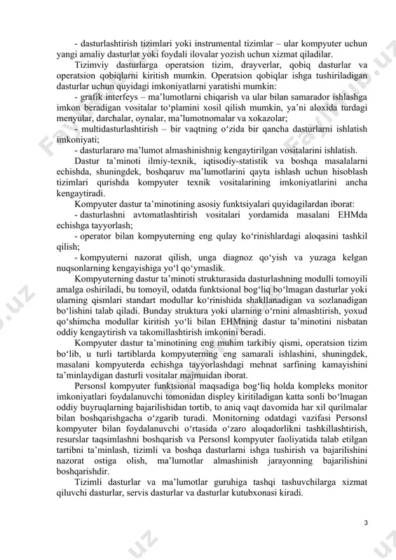 esa butun dasturni birdaniga mashina tiliga oʻgiradi va agarda uning xatosi yoki kamchiligi boʻlmasa, uni bajarishni amalga oshiradi. bir marta kompilyatsiya qilingan dastur boshqa kompilyatsiya qilinmaydi, negaki uning natijasi ishlovchi dasturni xosil qiladi. interpretatorda esa dastur har bir bajarilishida qaytadan mashina tiliga oʻgiriladi va bosqichma-bosqich bajarila boradi. xususiy kompyuterning ham foydalanuvchi uchun qulay va samarador boʻlishi unda qanday dasturviy ta’minot mavjudligi bilan aniqlanadi. lekin dasturviy ta’minotning qanday turlari foydalanuvchi uchun zarur boʻlishi uning qaysi soxada faoliyat koʻrsatishi bilan aniqlanadi. endi oʻzingizni iqtisod soxasida faoliyat koʻrsatayotgan mutaxassis sifatida faraz qilgan holda qaysi turdagi dasturviy ta’minot sizning kundalik ishlarni bajarishingiz uchun kerak boʻlishini oʻylab topishga xarakat qiling. kompyuter ishlaganda uni boshqarish uchun kerak boʻladigan dasturlar bilan amaliyotda qoʻllaniladigan dasturlar orasida qanday farq boʻlishi mumkin? kompyuterning dasturviy ta’minoti ularning qoʻllash samaradorligini oshirish, undan foydalanishni osonlashtirish va foydalanuvchilar dasturlarini tayyorlashning mehnat sarfini kamaytirishi uchun moʻljallangan dasturlar tizimsidan iborat. kompyuter dasturlar ta’minotining toʻplami quyidagi guruhlarga …
