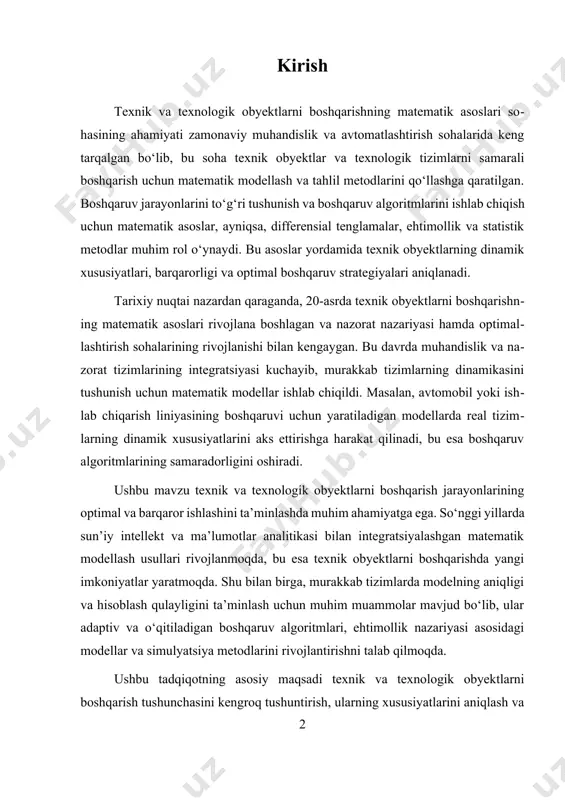 i ta’minlash uchun muhim muammolar mavjud bo‘lib, ular adaptiv va o‘qitiladigan boshqaruv algoritmlari, ehtimollik nazariyasi asosidagi modellar va simulyatsiya metodlarini rivojlantirishni talab qilmoqda. ushbu tadqiqotning asosiy maqsadi texnik va texnologik obyektlarni boshqarish tushunchasini kengroq tushuntirish, ularning xususiyatlarini aniqlash va matematik modellashtirish usullarini o‘rganishdan iboratdir. bu soha texnologik rivojlanishni ta’minlash, ishlab chiqarish samaradorligini oshirish, xavfsizlikni kuchaytirish va resurslardan samarali foydalanishni ta’minlashda muhim rol o‘ynaydi. mavzuning dolzarbligi va rivojlanish yo‘nalishlari doimiy ravishda yangi texnologiyalar va metodlarning joriy etilishi bilan bog‘liq bo‘lib, bu esa kelajakda yanada keng imkoniyatlar yaratadi. ushbu maqola orqali, texnik va texnologik obyektlarni boshqarishning matematik asoslarini chuqur o‘rganish va ularning amaliyotdagi qo‘llanilishi, shuningdek, zamonaviy boshqaruv tizimlarining samaradorligini oshirishga qaratilgan yondashuvlar taklif etiladi. i. texnik va texnologik obyektlarni boshqarish tushunchasi va ularning xususiyatlari texnik va texnologik obyektlar inson faoliyatining muhim qismini tashkil etadigan, turli sohalarda keng qo‘llaniladigan va ularning samarali boshqarilishi uchun muhim bo‘lgan tizimlardir. bu obyektlar asosan mexanik, elektr, elektron, …