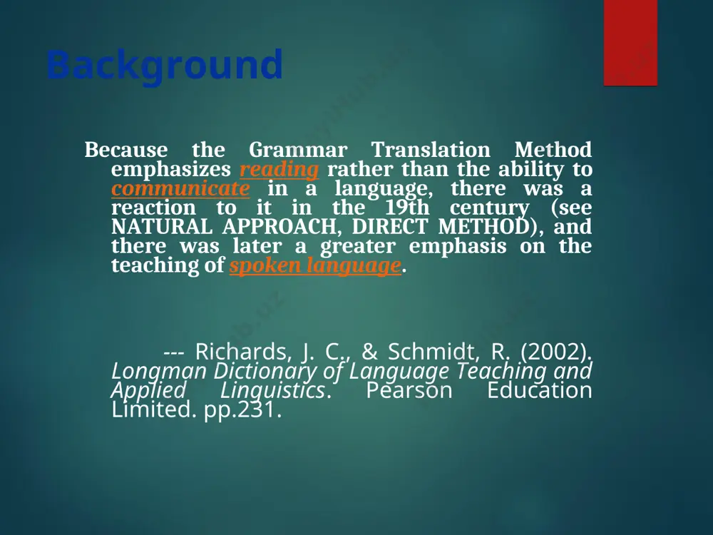 mmatical paradigms such as conjugations. grammar-translation method use words in sentences: students make up sentences in which they use new words. grammar-translation method composition: the teacher gives the students a topic to write about in the target language. the topic is based upon some aspect of the reading passage of the lesson. innovations time: mid-nineteenth century factors that lead to the rejection of grammar-translation method: a. increased opportunities for communication among europeans created a demand for oral proficiency in foreign languages. b. language teaching specialists also turned their attention to the way modern languages were being taught in secondary schools. c. new approaches to language teaching were developed by individual language teaching specialists. --adapted from richards, j. c., & rodgers, t. s. (1986). approaches and methods in language teaching.cambridge: cambridge university press.pp.5