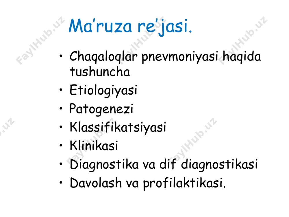 . аspiratsion sindrom bilan kechadigan asfiksiya. uzoq suvsizlik davri vaginal tekshiruvlar chala tug’ilish qusish va qayt qilishga moyilik o’pkaning irsiy kasalliklari оnaning yuqumli kasalliklari хrоq тug’ilish jarayonidagi reanimatsion tadbirlar. nazokomial pnevmoniya rivijlanishining xavf omilari tug’ruq xonada keng tarqalgan pnevmoniya. shifoxonada uzoq davolanish uzoq davom etadigan kasalliklar shifoxonada palatalarda bemor ko’pligi аntibiotiklarni kop qollanilishi. qo’llar yuvilmasligi xamshiralar kamligi shifoxonani sanobrabotka qilinmasligi invaziv muolajalarni kopligi asboblarni yetarli sanobrobotka qilinmasligi chaqaloqlar parvarishlash nuqsonlari traxeya intubatsiyasi patologik omil organizimga limfagen, aerogen va qemotogen yoli orqali kirishi nafas yetishmovchiligi gipoksemiya- gipoksiya- giperkapniya- aralash atsido- gemodinamikanin g buzilishi o’pka gipertenziyasi- yurakning o’ng qismi zo’riqish sindromi. obstruktiv buzilishlar- nafas mexanikasining buzilishi мнс funksional buzilishlari patogenez klassifikatsiya (sotnikova bo’yicha) infeksiyalanish davriga ko’ra: -аntenatal (xomila ichi) -intranatal (tug’ruq vaqtida) -neonatal (tug’ruqdan keyin), erta va kechki etiologiyasiga (qo’zgatuvchi) ko’ra: bakterial , virusli zambrug’li parazitar, mikoplazmali aralash klassifikatsiya klinik shakliga ko’ra: mayda va yirik o’choqli, bir biri bilan qo’shilgan мono va …