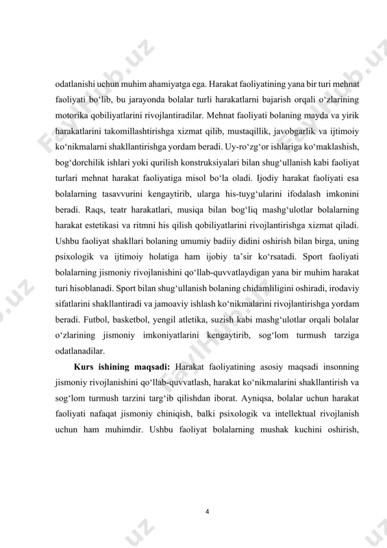 rivojlantirish va umumiy jismoniy faolligini qo‘llab-quvvatlashga qaratilgan. kurs ishining vazifasi: harakat faoliyati orqali bolalar o‘z harakat imkoniyatlarini yaxshiroq anglab, o‘z-o‘zini boshqarish va nazorat qilish qobiliyatini rivojlantiradilar. o‘yin, sport, jismoniy mashqlar, raqs va mehnat faoliyatlari bolaning organizmiga ijobiy ta’sir ko‘rsatib, ularni faol hayot kechirishga rag‘batlantiradi. shuningdek, harakat faoliyatining maqsadi pedagogik jarayonda bolalarning tabiiy harakat ehtiyojlarini hisobga olib, ularni motivatsiyalash va qiziqtirish orqali ularning ishtirokini oshirishdan iboratdir. kurs ishining tarkibiy tuzilmasi:ushbu kurs ishi kirish qism,asosiy qism, 3 ta murakkab reja,xulosa va foydalanilgan adabiyotlardan iborat. ii.asosiy qism 1. harakat faoliyatining nazariy asoslari va amaliy ahamiyati. harakat faoliyati inson hayotining ajralmas qismi bo‘lib, uning nazariy asoslari va amaliy ahamiyati ko‘plab sohalar bilan chambarchas bog'liqdir. harakat faoliyati nazariyasi insonning jismoniy va ruhiy jihatdan faoliyatini tushunishga yordam beradigan bilimlar to‘plamidir. bu nazariyaning asosida harakatning mohiyati, psixologik va pedagogik jihatlari, shuningdek, sotsiologik va fiziologik aspektlar yotadi. harakat faoliyati orqali inson o‘z maqsadlariga erishish va dunyoni anglash imkoniyatiga …