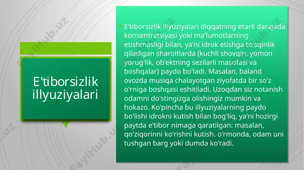 qo barcha sog'lom odamlarda uchraydi, shuning uchun ular fiziologik deb ham ataladi. pertseptiv illuziyalarning sabablari idrok illyuziyalari turli sabablarga ko'ra yuzaga kelishi mumkin: markaziy asab tizimining ishida vaqtinchalik funktsional xatolar natijasida - ortiqcha ish, stress, uyqu etishmasligi va boshqalar. raqobat hissiy ma'lumotlar tufayli. biror kishiga bir vaqtning o'zida turli xil hissiy manbalar, masalan, baland musiqa va yorqin chiroqlar ta'sir qiladi. intersensor effektlar - ma'lum bir umumiy ta'sirni takrorlash uchun sezgilarning kombinatsiyasi. misol uchun, restoranda ovqatning ko'rinishi va hidi, fon musiqasi va ranglarning barchasi ta'm tuyg'usini kuchaytirish uchun birlashadi. sensorlararo o'zaro ta'sir - bu ob'ektning yaxlit ko'rinishini shakllantirish uchun turli sezgi organlarining o'zaro bog'liq (o'zaro bog'liq) harakati. bir tuyg'uning qo'zg'alishi boshqasining illyuziyasini keltirib chiqaradi - masalan, tovush ta'm yoki rang tuyg'ularini qo'zg'atadi va vizual tasvir taktil tajribalarni keltirib chiqaradi. misol o'rgimchaklar yoki qo'ng'izlarga nisbatan kuchli qo'rquv yoki nafratga ega bo'lgan odamda ularni ko'rish uning ustidan nafratli hasharotlar o'rmalab yurgandek tuyg'uni uyg'otadi. …