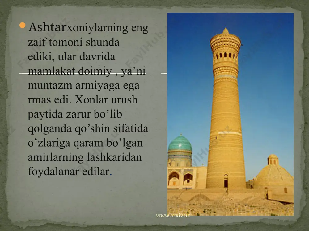 ri.arxeologik ma’lumotlarga ko’ra , buxoroga miloddan avvalgi 1- ming yillik o’rtalarida asos solingan. uning nomi ilk o’rta asr xitoy manbalarida turlicha ( an, ansi, buxo, buku, buxe, buxaer, buxala va b.) atalgan. “buxoro” atamasi sanskritcha “vixora”so’zining turk-mo’g’ulcha shakli “buxor”- ibodatxonadan kelib chiqqan deb taxmin qilingan. buxoroni arxeologik jihatdan o’rganish 1970-1780 yillarga to’g’ri keladi. buxoro www.arxiv.uz shahar o’zagi 3 qism – “oltin irmoq”ning o’ng qirg’og’ida joylashgan ask , so’l qirg’oqlaridagi qishloqlaridan iborat bo’lgan. bu yerdan topilgan ko’plab ashyoviy dalillar , xususan sopol idish va buyumlar buxoro tarixining turli davrlariga oid bo’lib , ulardan ikkitasi miloddan avvalgi 5 asrga taalluqli ekanligi aniqlandi. buxoroning buyuk ipak yo’li chorrahasida joylashganligi ilk davrlardan boshlab hunarmandchilik, kulolchilik,temirchilik , misgarlik, zardo’zlik , zargarlik va savdo- sotiq ishlarining rivojlanishiga turtki bo’ldi. www.arxiv.uz . buxorodagi me’moriy yodgorlik. shaharning janubiy chekkasida , qoraxoniylar sulolasining yozgi qarorgohi o’rnida barpo etilgan. (1119) masjid pishiq g’ishdan oddiy qilib qurilgan. atrofi baland devor bilan …