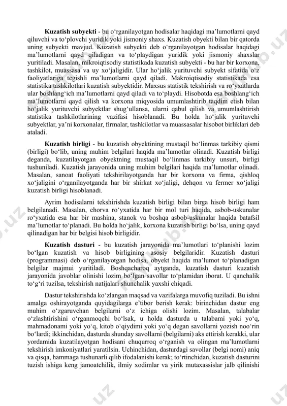 va dasturi, statistik formulyarlar va ularni tuzish uchun yo‘riqnomalar javob beradi. kim? kuzatish subyekti, qachon? deganda kuzatish vaqti, qaerda? deganda kuzatish joyi, qanday qilib? deganda kuzatish usullari va turlari, qancha? deganda kuzatish belgilarining miqdoriy ifodalanishi nazarda tutiladi. bular statistik kuzatishning dasturiy-uslubiy va tashkiliy unsurlarini tashkil etadi (2.1-rasm). kuzatish maqsadi va vazifalarini to‘g‘ri – kerakli ma’lumotlarni kam xarajatlar bilan to‘plash imkoniyatini tug‘diradi. kuzatish maqsadi va vazifalarini to‘g‘ri belgilash tekshirishni to‘g‘ri va aniq tashkil etish uchun muhim ahamiyat kasb etadi. chunki maqsad va vazifalariga qarab barcha dasturiy-uslubiy va tashkiliy masalalar yechiladi. maqsad va vazifalarni mujmal belgilash kuzatish jarayonida keraksiz ma’lumotlar to‘planishiga, zarurlarini esa tushib qolishiga olib keladi. pirovard natijada ortiqcha mehnat va mablag‘lar sarflanadi. statistik kuzatish uslubiyati dasturiy – uslubiy masalalar tashkiliy masalalar kuzatish maqsadi va vazifalari kuzatish obyеkti kuzatish, hisob va hisobot birligi obyеkti kuzatich dasturi statistik formulalar yo’riqnoma kuzatish subyеkti kuzatish usullari va turlari kuzatish joyi kuzatish vaqti muddati va …