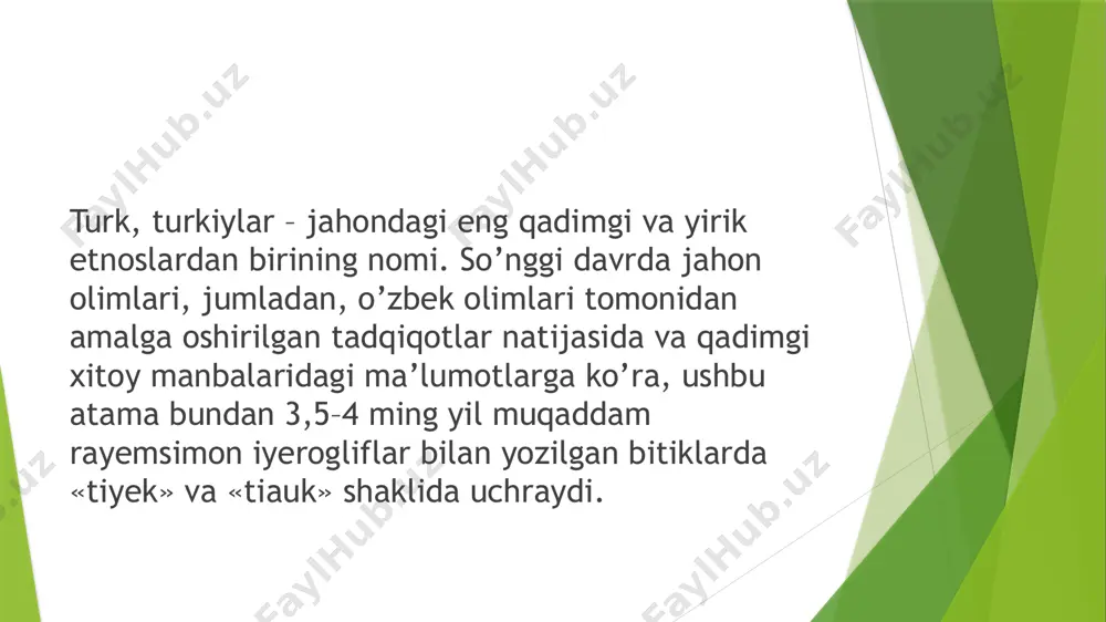 ni, ya’ni janubiy sibir, urxun havzalari (mo’g’uliston), shimoliy xitoy hududlarini o’z ichiga oluvchi sharqiy turk xoqonligi va oltoy toglarining g’arbidagi xoqonlikka qaram o’lkalarni o’z ichiga oluvchi markazi yettisuv bo’lgan g’arbiy turk xoqonligiga bo’linib ketadi. etiboringiz uchun raxmat! image1.jpeg image2.jpeg image3.jpeg image4.jpeg image5.jpeg