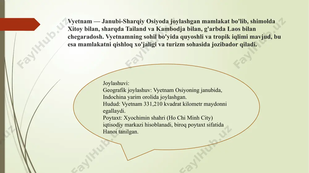 m yoki vyetnam respublikasi (vyetnamcha: việt nam cộng hòa) – janubiy vyetnamda „vetnam davlati“ning sobiq boshligʻi qoʻgʻirchoq imperator bao-dayning agʻdarilishi natijasida 1955-yilda tashkil topgan. maydoni 171 ming kvadrat kilometr. aholisi 12,5 milion kishidan ortiq. markazi saygon shahri (aholisi 2 million kishi). sanoati janubiy vyetnam iqtisodiy jihatdan amerika va fransuz kapitaliga qaram boʻlgan. iqtisodiyotining asosiy tarmogʻi qishloq xoʻjaligi hisoblanadi. bu yerda oʻtkazilgan yer islohoti yerga nisbatan feodal munosabatlarni tugatolmadi. haydaladigan yerning 1 million gektaridan koʻprogʻi 6 ming pomeshchik qoʻlida, ayni vaqtda shuncha yer 3 million dehqonlar hissasiga toʻgʻri kelgan. janubiy vyetnamning sanoati asosan oziq-ovqat va toʻqimachilik sanoat tarmoqlaridan iborat edi. saygon matbuotining bergan maʼlumotlariga koʻra, mavjud 15 ming urchiqdan 10,5 mingtasi ishlamas edi. shuning uchun ham toʻqimachilik fabrikalari ish bilan toʻla taʼminlanmadi, mayda hunarmandchilik korxonalarining 60 foizii bekildi. mamlakat iqtisodiyoti va transportining rivojlanishi strategik maqsadlarga boʻysundirilgan. saygon va boshqa portlar harbiy dengiz bazalari sifatida foydalanish uchun qayta moslashtirildi. janubiy vyetnamning tashqi …