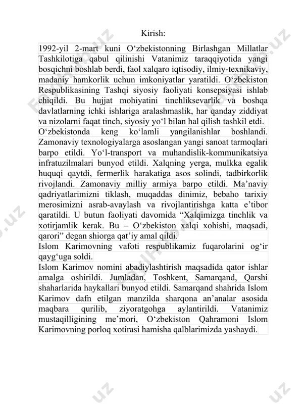 i hal qilishga da’vat etilgan, uning qayta o‘zgartiruvchisi bo‘lishdek nihoyatda og‘ir vazifani yukladi. shunday vaziyatda ham islom karimov o‘zini buyuk rahbar sifatida ko‘rsatdi. mustaqillik deklaratsiyasi o‘zbekiston sovet sotsialistik respublikasi oliy sovetining 1990-yil 20-iyundagi ikkinchi sessiyasida qabul qilingan o‘zbekiston sovet sotsialistik respublikasi oliy soveti: o‘zbek xalqining davlat qurilishidagi tarixiy tajribasi va tarkib topgan boy an’analari, har bir millatning o‘z taqdirini o‘zi belgilash huquqini ta’minlashdan iborat oliy maqsad haqi, har bir kishining farovon hayot kechirishini ta’minlashni oliy maqsad deb bilgan holda, o‘zbekiston xalqlarining kelajagi uchun tarixiy mas’uliyatni chuqur his etgan holda, xalqaro huquq qoidalariga, umumbashariy qadriyatlarga va demokratiya prinsiplariga asoslanib, o‘zbekiston sovet sotsialistik respublikasining davlat mustaqilligini e’lon qiladi. 1. o‘zbekiston ssrning demokratik davlat mustaqilligi respublikaning o‘z hududida barcha tarkibiy qismlarida va barcha tashqi munosabatlardagi tanho hokimligidir. 2. o‘zbekiston ssrning davlat hududi chegarasi daxlsiz va bu hudud xalqning muhokamasiga qo‘yilmay turib o‘zgartirilishi mumkin emas. 3. o‘zbekiston ssrda davlat hokimiyati uning hududiga kiradigan barcha …