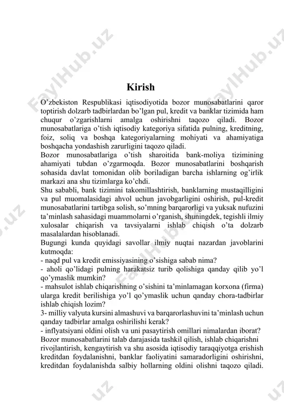 sh kreditdan foydalanishni, banklar faoliyatini samaradorligini oshirishni, kreditdan foydalanishda salbiy hollarning oldini olishni taqozo qiladi. yoozirgi vaqtda tijorat banklari tomonidan beriladigan kreditlarning salmog’i va sifati sohasida ancha muammolar mavjud. pulning zarurligi va mohiyati yoar bir iqtisodiy kategoriya amal qiluvchi mamlakat rivojlanishining asosiy dastaglaridan biri pul bo’lib, bozor iqtisodiga o’tish va unda ish yuritishda uning roli va ahamiyati yana oshib boradi. darhaqiqat, pul - «bozor tili» deb bekorga aytishmagan. yoar bir iqtisodiy axborot, tovarlar va xizmatlar bahosi, to’lovlar, daromadlar va xarajatlar, moliyaviy talablar va majburiyatlar, iqtisodiy aloqalar makro va mikro darajalarda faqat pulda ifoda qilinadi. bozor iqtisodiga o’tish sharoitida pulni ahamiyatining oshishi shundaki, jamiyatimizda mavjud huquqiy va jismoniy shaxslar faoliyati va ularning natijasi - daromadi pul bilan bog’liq. shuning uchun ham pul barcha iqtisodiy rivojlanish pog’onalarida odamlarni o’ziga jalb qilib kelgan. avstraliyalik iqtisodchi olim k. mengerning fikricha aristotel va platondan boshlab xx asrning boshigacha pul to’g’risida jahonda besh-olti mingdan ortiq maxsus …