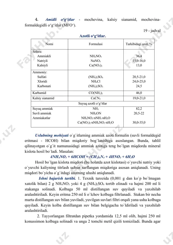 akli suv va ammiakatlar. 3. nitratli oʻgʻitlar - natriyli selitra, kalsiyli selitra. 4. amidli oʻgʻitlar - mochevina, kalsiy sianamid, mochevina-formaldegidli oʻgʻitlar (mfoʻ). 19 - jadval azotli oʻgʻitlar. nomi formulasi tarkibidagi azot, % selitra: ammiakli natriyli kalsiyli nh4no3 nano3 ca(no3)2 36,4 15,0-16,0 13,0 ammoniy: sulfati xloridi karbonati (nh4)2so4 nh4cl (nh4)2so3 20,5-21,0 24,0-25,0 24,5 karbamid co(nh2)2 46,0 kalsiy sianamid cacn2 19,0-21,0 suyuq azotli oʻgʻitlar suyuq ammiak suvli ammiak ammiakatlar nh3 nh4on nh4no3·nnh3·nh2o ca(no3)2·nnh4no3·nh2o 82,2 20,5-22 30,0-35,0 uslubning mohiyati o`g`itlarning ammiak azoti formalin (suvli formaldegid eritmasi - hcoh) bilan miqdoriy bog`lanishiga asoslangan. bunda, tahlil qilinayotgan o`g`it namunasidagi ammiak azotiga teng bo`lgan miqdorda mineral kislota hosil bo`ladi. masalan: 4nh4no3 + 6hcoh = (ch2)6n4 + 4hno3 + 6h2o hosil bo`lgan kislota miqdori (bu holatda azot kislotasi) o`yuvchi natriy yoki o`yuvchi kaliyning titrlash uchun sarflangan miqdoriga asosan aniqlanadi. uning miqdori bo`yicha o`g`itdagi azotning ulushi aniqlanadi. ishni bajarish tartibi. 1. texnik tarozida (0,001 g dan ko`p bo`lmagan …