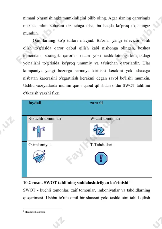 ko'rib chiqiladigan variantlarning ko'pligi chalkash bo'lishi mumkin va har bir variantni etarli darajada baholash qiyin bo'lishi mumkin. · eksklyuziv va qo'shimcha alternativalar: ba'zi rejalar boshqalarni istisno qiladi. agar sizning byudjetingiz cheklangan bo'lsa, avtomobil sotib olish sizning kvartirangizni ta'mirlay olmasligingizni anglatadi. ammo ba'zi rejalar bir-birini to'ldiradi. bir vaqtning o'zida mahsulotni yaxshiroq marketing, chegirmalar va sifatni yaxshilash orqali yaxshilashingiz mumkin. shunday qilib, har doim yaxshi variantlarni birlashtira olishingizni tekshirib ko'ring. 4-qadam: variantlarni baholang va eng yaxshisini tanlang bizda mavjud bo'lgan bir qator variantlar mavjud bo'lganda, eng yaxshisini tanlash vaqti keldi. ammo nima "eng yaxshi" deb hisoblanadi? yagona to'g'ri javob yo'q, chunki bu qisman sizning qadriyatlaringiz, ustuvorliklaringiz va xavfli ishtahangizga bog'liq. akademik qarorlar nazariyasida, qaror qabul qilishning asosiy qoidalaridan biri kutilgan foydali dasturni maksimal darajaga ko'tarishdir. bu biz qaror qabul qilganda va turli xil tanlovlar mavjud bo'lganda, har bir tanlov turli xil ehtimolliklarga ega bo'lishi mumkin bo'lgan natijalar to'plamiga ega degan fikr. biz …