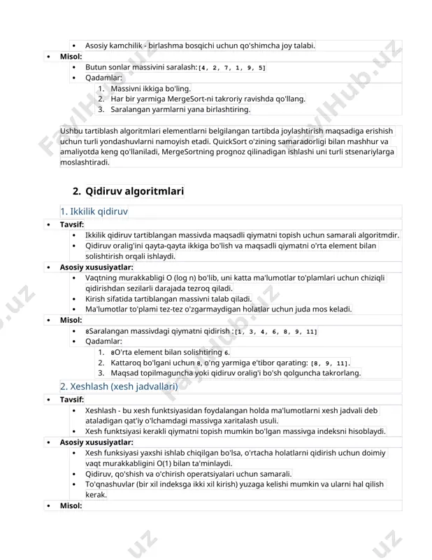 vaqt murakkabligini o(1) bilan ta'minlaydi. · qidiruv, qo'shish va o'chirish operatsiyalari uchun samarali. · to'qnashuvlar (bir xil indeksga ikki xil kirish) yuzaga kelishi mumkin va ularni hal qilish kerak. · misol: · nomlar asosida telefon raqamlarini saqlash uchun xesh jadvalidan foydalanish. · xesh funktsiyasi: ismning birinchi harfi ascii qiymatiga aylantiriladi. · hash("alice") = 65, shuning uchun elisning telefon raqami xesh jadvalidagi 65-indeksda saqlanadi. ushbu qidiruv algoritmlari ma'lumotlar to'plamidagi elementlarni samarali joylashtirish uchun turli strategiyalarni namoyish etadi. ikkilik qidiruv, ayniqsa tartiblangan massivlar uchun samarali bo'lsa, xash jadvallari bilan xeshlash dinamik ma'lumotlar to'plamlari uchun kuchli bo'lib, bu erda qidiruvlar uchun doimiy vaqt murakkabligi juda muhimdir. 3. siqish algoritmlari 1. huffman kodlash · tavsif: · huffman kodlash - ma'lumotlarni yo'qotishsiz siqish uchun ishlatiladigan o'zgaruvchan uzunlikdagi prefiks kodlash algoritmi. · u o'zgaruvchan uzunlikdagi kodlarni kiritish belgilarga, qisqaroq kodlar esa tez-tez uchraydigan belgilarga tayinlaydi. · olingan prefiks kodlarida noaniqlik yo'q, bu ularni noyob tarzda dekodlanishi …