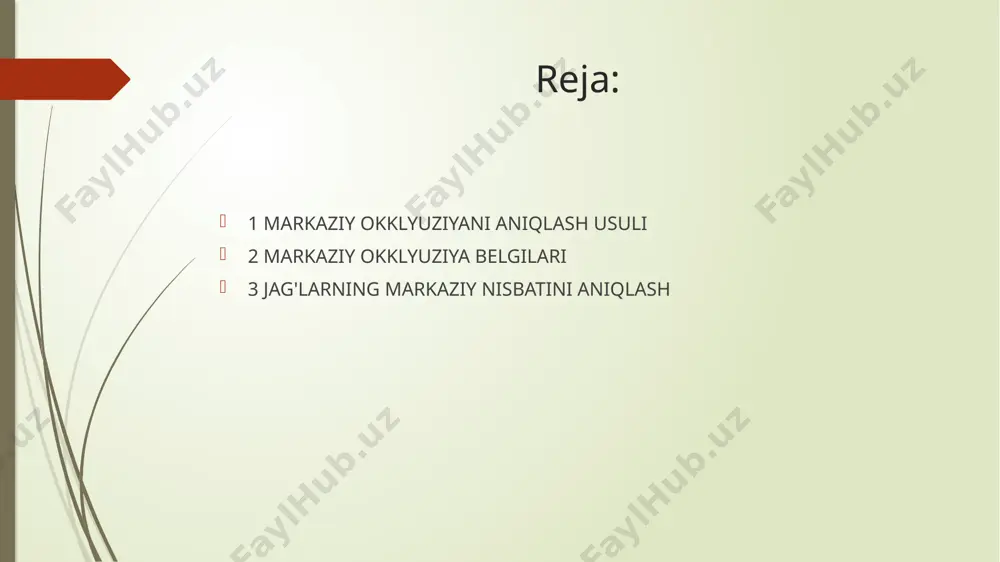 da qisqarishi bilan birga keladi. bo'g'im belgilari bo'g'im boshi bo'g'im do'mbog'ining bo'g'im suyagi chuqurlikda joylashgan yuza belgilari lablar butun perimetr boylab hech qanaqa kuchlanishisiz yopiladi; nazolabial va jag'ning burmalari o'rtacha darajada aniqlanadi, og'izning burchaklari pastga tushmaydi; yuzning pastki uchdan bir qismi yuqori va o'rtaga teng. klinik vaziyatga qarab, markaziy okklyuziyani aniqlashda murakkablik darajasining 4 guruhi mavjud: 1-old qismidagi nuqson uzunligi 4 tishdan, yon qismida esa 2 ta tish bo'lishi sharti bilan ortognatik okklyuzion yoki o'z ichiga nuqsonlari bo'lgan zararlanmagan tishlar. ii-prikus balandligi aniq bo'lgan tish qatorlari, antagonistlari mavjud, ammo ular har bir funktsional guruhda tishlarning yo'qligi sababli modellarni tish belgilari bo'yicha taqqoslab bo'lmaydigan tarzda joylashgan. iii - antagonist tishlar bo'lmagan, tishlash balandligi aniqlanmagan tishlash. iv-tishsiz jag'lar. murakkablikning birinchi guruhida markaziy okklyuzionni aniqlash. murakkablikning birinchi guruhida markaziy okklyuziyani aniqlash qiyin emas. bemor yo'qligida jag'larning gipsli modellari yordamida amalga oshirilishi mumkin. modellar tish belgilariga osongina mos keladi. murakkablikning ikkinchi guruhida markaziy oklyuziyani …