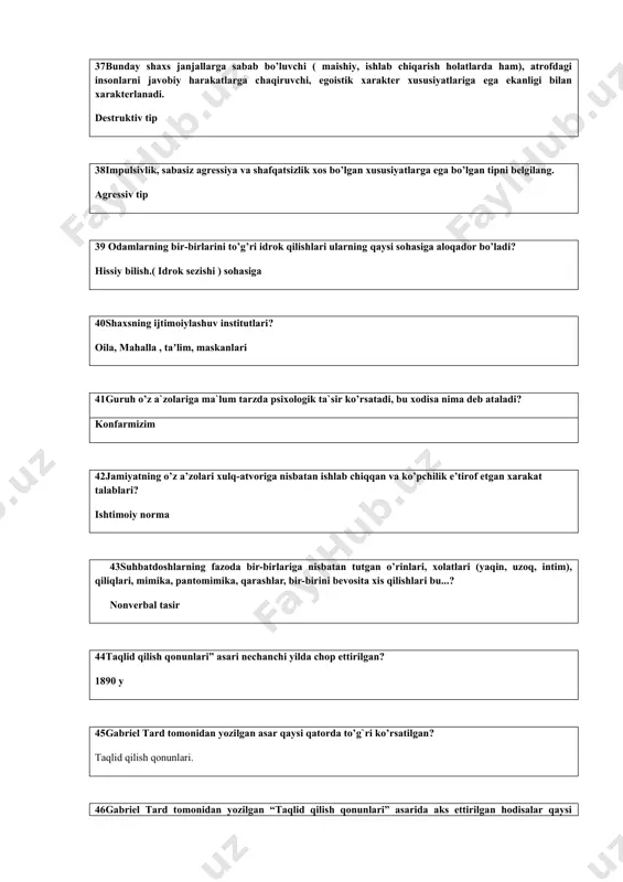 nizmlarini aniqlash borasida qator psixologik tadqiqotlar olib borgan? a.badalyov 58shaxslararo munosabatlar psixologiyasida muloqot turlari qaysi qatorda to‘g‘ri berilgan? bilvostida va biluostida 59… individning muloqot jarayonidagi sherigi tomonidan uni qabul qilayotganini anglab olishidir. mazkur ta’rif qaysi tushunchaga tegishliligini belgilang. refleksiya 60agar nizo salbiy oqibatga ega bo’lsa, bunday nizo ... deyiladi? destruktiv nizo 61so‘zlashayotgan kishilarning muloqotida xatti-harakatlar va imo-ishoralarning ishtirok etishi qanday muloqot turiga kiradi? noverbal muloqot 62 odamlarning jamiyatda bajaradigan rasmiy vazifalari va xulq-atvor normalaridan kelib chiqqan holda o‘zaro munosabatlarga kirishuvi qanday muloqotga misol bo‘ladi? rasmiy muloqot 63quyidagi fikr qaysi olimga tegishli: “agar odam ozgina bo‘lsa ham o‘zini anglasa, demak u o‘z – o‘ziga ko‘rsatmalar bera oladi”? t.sgibutani 64o‘zaro munosabatga kirishayotgan sub’ektlar o‘zlarining eng nozik va chuqur munosabatlarini muloqotning qaysi darajasida aks ettiradilar? shaxsiy daraja 65qaysi olimning fikriga ko‘ra, birinchi marta ko‘rishib turgan suhbatdoshlardagi taassurotlarning ijobiy bo‘lishiga gapirgan gaplari - 7%, paralingvistik omillar - 38% va noverbal harakatlar - 58%gacha ta’sir …