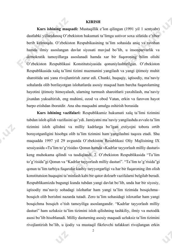 oyalash, ularning turmush sharoitlarii yaxshilash, ma’naviy jixatdan yuksaltirish, eng muhimi, ozod va obod vatan, erkin va farovon hayot barpo etishdan iboratdir. ana shu maqsadni amalga oshirish borasida kurs ishining vazifalari: respublikamiz hukumati xalq ta’limi tizimini tubdan isloh qilish vazifasini qo’ydi. jamiyatni ma’naviy yangilashda avvalo ta’lim tizimini isloh qilishni va milliy kadrlarga bo’lgan extiyojni tobora ortib borayotganligini hisobga olib ta’lim tizimini ham yangilashni taqoza etadi. shu maqsadda 1997 yil 29 avgustda o’zbekiston resublikasi oliy majlisining ix sessiyasida «ta’lim to’g’risida» qonun hamda «kadrlar tayyorlash milliy dasturi» keng muhokama qilindi va tasdiqlandi. 2. o’zbekiston respublikasida “ta’lim to’g’risida”gi qonun va “kadrlar tayyorlash milliy dasturi”. “ta’lim to’g’risida”gi qonun ta’lim tarbiya fuqarolar kasbiy taryyorgarligi va har bir fuqaroning ilm olish konstitutsion huquqini ta’minlash kabi bir qator dolzarb vazifalarni belgilab beradi. respublikamizda bugungi kunda tubdan yangi davlat bo’lib, unda har bir siyosiy, iqtisodiy ma’naviy sohadagi islohatlar ham yangi ta’lim tizimida bosqichma–bosqich olib borishni nazarda tutadi. zero ta’lim …