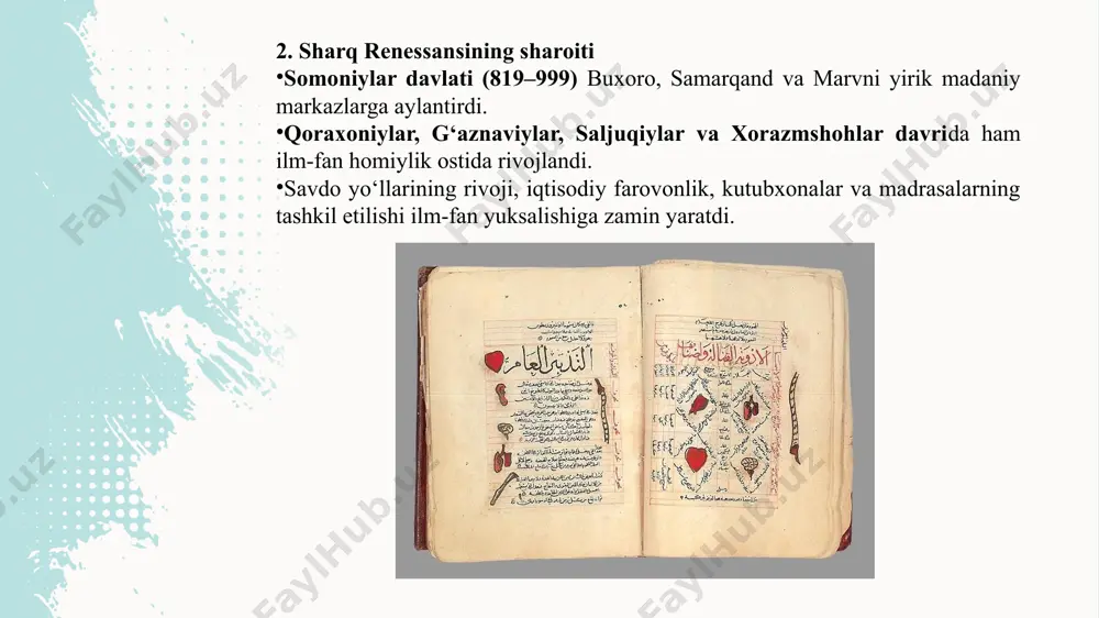 ga o‘tildi.bu allomalar matematika, tibbiyot, falsafa, astronomiya va tabiiy fanlarning jahon miqyosida rivojlanishiga bevosita asos soldi. sharq mutafakkirlari asarlari yevropa uyg‘onish davrining shakllanishiga poydevor bo‘ldi. ularning merosi tufayli ilm-fan diniy dogmalardan chiqib, tajriba va ilmiy dalillarga tayana boshladi. bu esa butun jahon sivilizatsiyasining yuksalishiga olib keldi. xorazmiy matematikaga, forobiy falsafaga, beruniy tabiiy fanlarga, ibn sino tibbiyot va falsafaga qo‘shgan ulkan hissasi tufayli sharq uyg‘onish davri jahon sivilizatsiyasi taraqqiyotiga beqiyos ta’sir ko‘rsatdi. ularning merosi bugungi kunda ham ilmiy va amaliy ahamiyatga ega. e’tiboringiz uchun raxmat! image2.jpeg image3.png image4.png image5.png image6.png image7.png image8.png image9.png image10.png image1.jpeg /docprops/thumbnail.jpeg