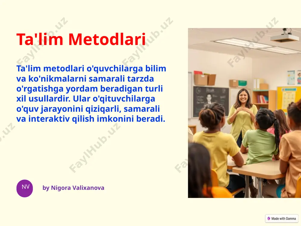 atini tashkil etish va amalga oshirish metodlari o‘quv axborotini uzatish va idrok etish manbasiga ko‘ra o‘quv axborotini uzatish va idrok etish mantig‘iga ko‘ra o‘quvchilaming mustaqil fikrlash darajasiga ko‘ra o‘quv ishini boshqarish tavsifi bo‘yicha og‘zaki, ko‘rgazmali, amaliy induktiv, deduktiv reproduktiv. produktiv: muammoli, muammoli- izlanishli, evristik o‘qituvchi rahbarligida bajariladigan o‘quv ishi. o‘quvchilarning mustaqil ishlari. o‘quv-bilish faoliyatini motivatsiyalash va rag‘batlantirish metodlari o‘qishga qiziqishni motivatsiyalash metodlari o‘qishga burch va mas’uliyatni rag‘batlantirish metodlari bilish faoliyatini tashkil etishga doir o‘yinlar. o‘quv munozaralar. vaziyatlarni yaratish. o‘rganishning shaxsiy va ijtimoiy ahamiyatiga ishonch hosil qilish. talab qo‘yish. rag‘batlantirish. ogohlantirish. o‘quv-bilish faoliyatini nazorat va o‘z-o‘zini nazorat qilish metodlari nazorat va o‘z-o‘zini nazorat qilishning og‘zaki metodlari nazorat va o‘z-o‘zini nazorat qilishning yozma metodlari nazorat va o‘z-o‘zini nazorat qilishning amaliy metodlari individual so‘rov, ommaviy so‘rov, dasturlashtirilgan so‘rov, og‘zaki o‘z-o‘zini nazorat ishi yozma nazorat ishi, dasturlashtirilgan yozma ish, yozma o‘z-o‘zini nazorat ishi laboratoriya ishi, laboratoriyali o‘z-o‘zini nazorat ishi interfaol metodlar o‘rganilayotganlarini o‘zlashtirishga da’vat …