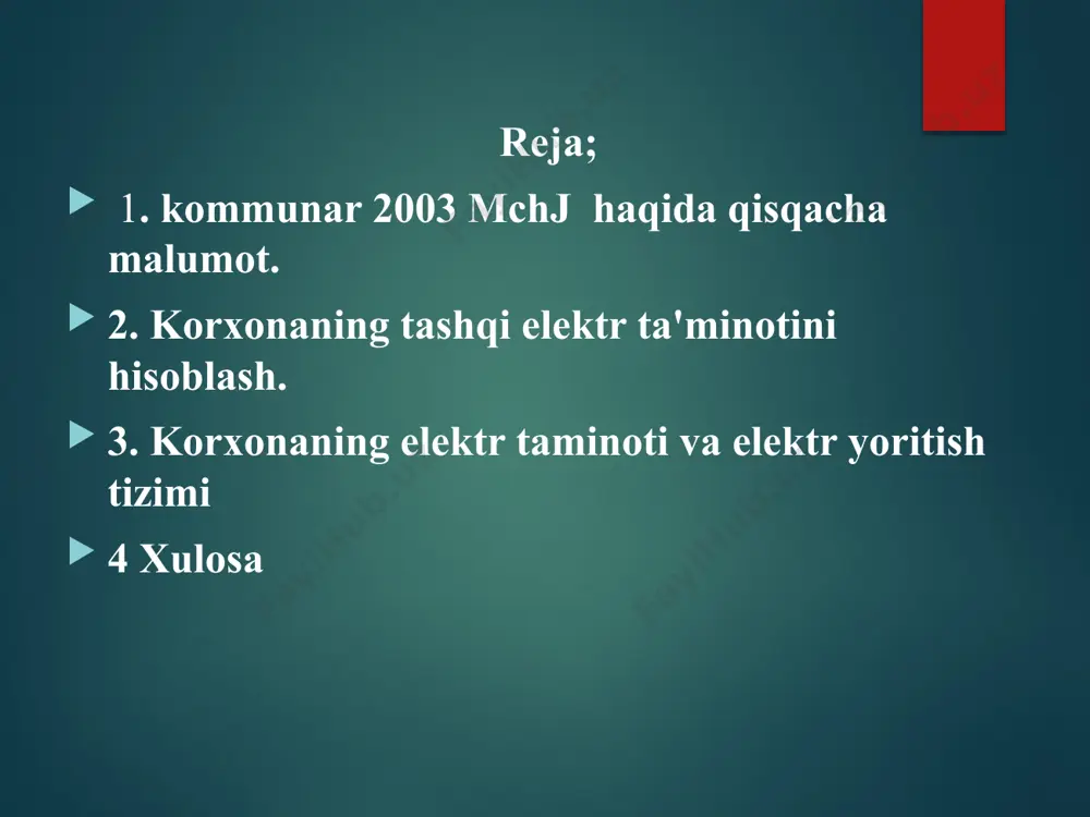 jash ishlab chiqariladigan mahsulotning arzonlashishiga va mahsulotning raqobat bardoshligiga olib keladi. kommunar 2003 korxonasi mashinlarga extiyot qismlari ishlab chiqarish bilan shug’ullanadi . u hoxirda cobalt , tracker,10x centra kabi mashinalarga 12 xil detal ishlb chiqaradi. hozirda bu korxonada 10 ta press,1 ta qaychi, 1 ta kran balka va kontakt svarkadan foydalaniladi. bu korxona 2003-yilda tshkil etilgan bo’lib 2005 yilda faoliyat ko’rsatishni boshlagan. undagi hamma jihozlari 380 v kuchlanish bilan ishlaydi. hozirda bu korxonada 16 ta ishchi ishlaydi. ish vaqti ikki smenada tashkil etilgan bo’lib ishchixodimlar uchun yaxshi sharoitlar yaratilgan. bu yerdagi jihozlarning hammasi havo bilan ishlaydi. avtomabillar uchun detallarini ishlab chiqarish sexining elektr ta'minoti ktti № 630-6/0,4 ning 0,4 kv tarqatish qurilmasidan kabel liniyalari orqali amalga oshirilgan. 2.korxonaning tashqi elektr ta'minotini hisoblash. kichik va o'rta quvvatli korxonalarning elektr ta'minotida bitta qabul punkti (bpp, mtp) bo'lgan sxemalar qabul qiladi. bunday sxema 6, 10, 20 kv li kuchlanishda va korxona energo tizimdan …
