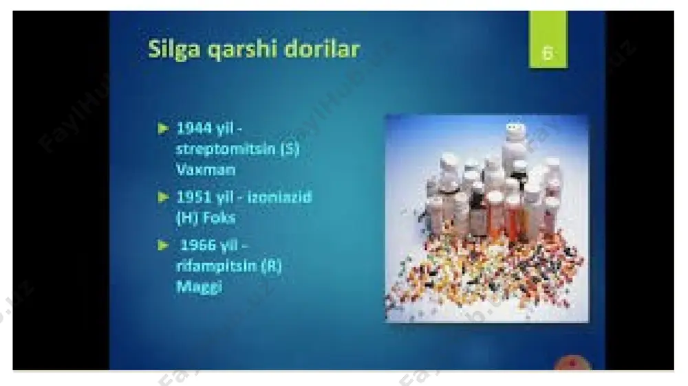 asosida ishlab chiqiladi. - ushbu davolash strategiyalarining kombinatsiyalaridan foydalanish mumkin tuberkulyozga qarshi preparatlarning toifalari birinchi guruh. og‘iz orqali qabul qiliadigan i-qator tqp. birinchi guruh preparatlari eng kuchh ta’sir qiluvchi va bemor qabul qilganida yaxshi ko‘tara oladigan dori vositalari botib, ulaming qotlanilishi faqatgina ushbu guruh dori vositasi ishlatilganda samarali natija berishini tasdiqlovchi ishonchli laborator tahlil natijalari va anamnez botgandagina qo‘llaniladi. agar 1-guruh preparati oldingi davolash sxemasida qo‘llanilgan botib, lekin samarasiz natija bergan bo‘lsa, hatto dtt ko‘rsatkichlari ushbu dori vositasiga ta’sirchanlikni ko‘rsatsa ham, bu prepratning samaradorligi shubha ostiga olinishi kerak. mdvch — tb bilan kasallangan bemorlaming intensiv davolanish davriga pirazinamidni qo‘shish tavsiya qilinadi. izoniazidning past konsentratsiyasiga chidamli botgan lekin, yuqoriroq konsentratsiyasiga sezuvchan botgan shtammlariga izoniazidning yuqori dozalari qotlamlganda, nisbatan foydah natija olsa botadi (bu holda izoniazidga 5-guruh dori vositasi sifatida qaraladi). rifabutin (rfb) kabi, rifampitsining yangi avlodlari, rifampitsinga nisbatan yuqori kesishgan chidamlilikga ega. 2- guruh. tuberkulyozgu qarshi in’eksion preparatlar barcha bemorlar, agarda …