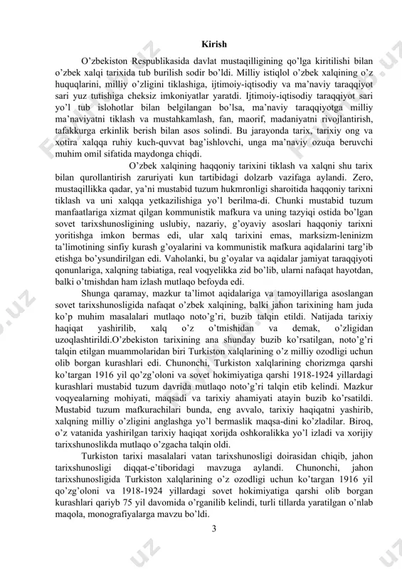 tuzum mafkurachilari bunda, eng avvalo, tarixiy haqiqatni yashirib, xalqning milliy o’zligini anglashga yo’l bermaslik maqsa-dini ko’zladilar. biroq, o’z vatanida yashirilgan tarixiy haqiqat xorijda oshkoralikka yo’l izladi va xorijiy tarixshunoslikda mutlaqo o’zgacha talqin oldi. turkiston tarixi masalalari vatan tarixshunosligi doirasidan chiqib, jahon tarixshunosligi diqqat-e’tiboridagi mavzuga aylandi. chunonchi, jahon tarixshunosligida turkiston xalqlarining o’z ozodligi uchun ko’targan 1916 yil qo’zg’oloni va 1918-1924 yillardagi sovet hokimiyatiga qarshi olib borgan kurashlari qariyb 75 yil davomida o’rganilib kelindi, turli tillarda yaratilgan o’nlab maqola, monografiyalarga mavzu bo’ldi. bu boradagi izlanishlar 1991 yilga qadar ikki yo’nalishga bo’lingan: xorijiy tarixshunoslik va sovet tarixshunosligi. har ikki yo’nalishda mazkur tarixiy voqyealarning mohiyati, sabab va maqsadlari turlicha baholangan va aksariyat holda bu masalalar haqida bir-birini inkor etuvchi, o’zaro ziddiyatli qarashlar ilgari surilgan, murosasiz tortishuvlar hukm surgan. o’zbekistonning davlat mustaqilligi qo’lga kiritilishi bilan mamlakatda mustabid tuzum va unga xizmat qilgan mafkura barham topdi. ma’naviy hayot mafkuraviy kishanlar iskanjasidan xalos bo’ldi, oshkoralik va hurfikrlik …