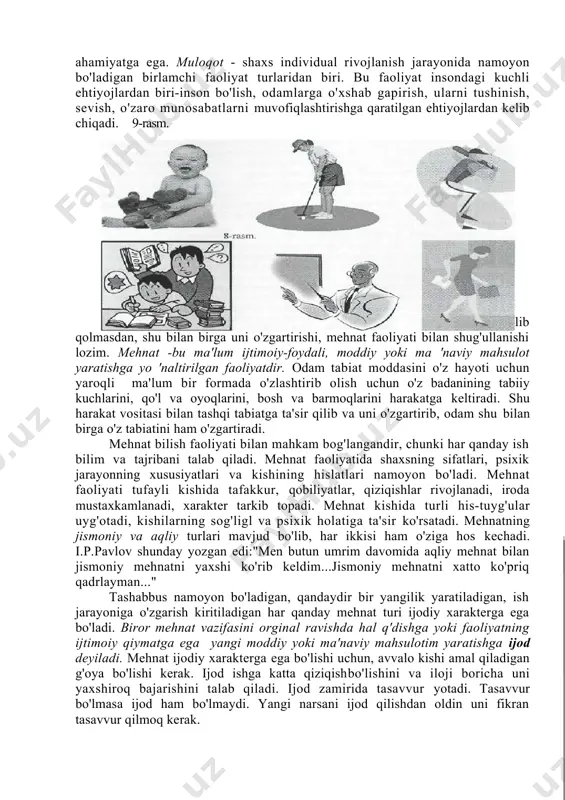 bo'ladi (malakalar). tashqi olamdagi narsalar bilan qilinadigan faoliyatning ichki psixik faoiiyatga aylantirilishi, faoliyatning interiorizatsiyasi deyiladi. ichki psixik holatdan tashqi munosabatlarga o'tish, faoliyatning eksteriorizatsiyasi deyiladi va ular faoliyat strategiyasini tashkil qiladi. faoliyatning 3 asosiy turi mavjud: o'yin, ta'lim, mehnat. o'yin faoliyati bilan asosan bolalar shug'ullanadilar. lekin o'yinni kattalar va bolalar hayotida ham ko'rish mumkin. hayvonlardagi o'yin tug'ma instinktiv harakatdir. o'yin bola organizmining tabiiy ehtiyoji bo'lib, bola o'yin davomida psixik jihatdan rivojlanadi. "o'yin - bolalar mehnatidir" - deb bejiz aytilmagan. subyektni o'rganishni o'z oldiga maqsad qilib qo'ygan faoliyati ta'lim deyiladi. u bilim, ko'nikma, malakalardan tashkil topadi. qo'shimcha faoliyat turlari bo’lmish muloqot, dam olish, ijtimoiy harakatlar ham inson hayotida muhim ahamiyatga ega. muloqot - shaxs individual rivojlanish jarayonida namoyon bo'ladigan birlamchi faoliyat turlaridan biri. bu faoliyat insondagi kuchli ehtiyojlardan biri-inson bo'lish, odamlarga o'xshab gapirish, ularni tushinish, sevish, o'zaro munosabatlarni muvofiqlashtirishga qaratilgan ehtiyojlardan kelib chiqadi. 9-rasm. 2. odam kun kechirish uchun faqat tevarak atrofdagi …