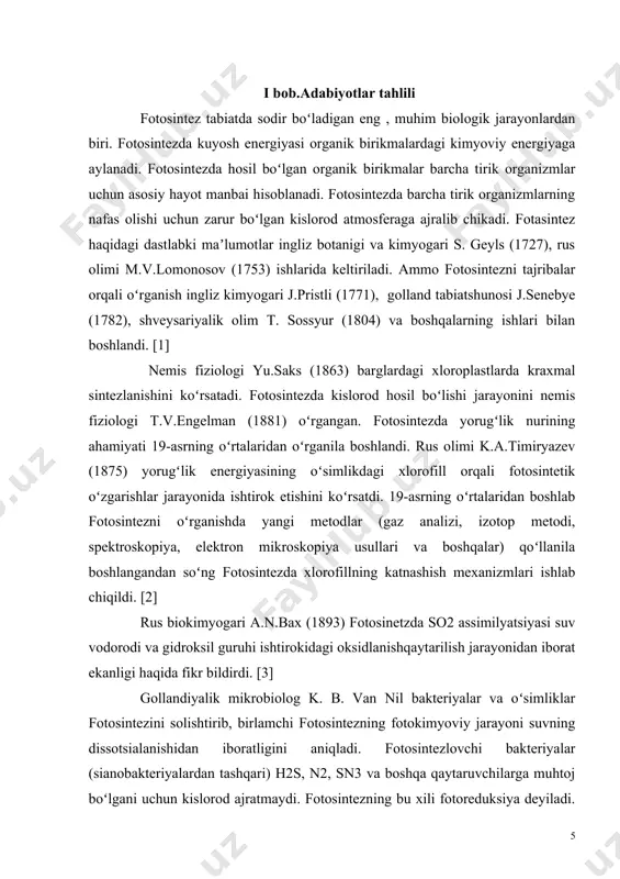 otasintez apparatining eng muhim komponenti xlorofill xlorofillin va ikki karbon kislotasi murakkab efiridan iborat. uning yashil rangi tarkibidagi magniy ionlariga bogʻliq. fotasintezda karotinoidlar ham qatnashadi. karotinoidlar koʻkbinafsha va koʻk (480— 530 nm) nurlarni yutib, ular energiyasini xlorofill ("ya")ga uzatadi. 400 dan ortiq karotinoidlar aniqlangan. koʻkyashil suvoʻtlar (sianobakteriyalar), qizil suvoʻtlar va ayrim dengiz kriptomonadalarida xlorofill "a" va karotinoidlar bilan birga fikobilin pigmentlari ham bor. ular xlorofill yutishi mumkin boʻlgan nurlar maksimumi oraligʻidagi nurlarni yutadi. oʻsimliklarda fotasintezda fikobilinlardan fitoxrom pigmenti ham qatnashadi. fitoxrom, asosan, qizil va infraqizil nurlarni yutib, xlorofillga uzatadi. fotasintezning yorugʻlik bosqichida xlorofill molekulasi tomonidan boshqa pigmentlar (xlorofill "", karotinoidlar, fikobilinlar) ishtirokida yorugʻlik energiyasi yutilib, bu energiya adf va nadf birikmalarining kimyoviy yoruglik energiyasiga aylanadi. xlorofill yorugʻlik energiyasini kvantlar yoki fotonlar holida yutadi. yutilgan energiya taʼsirida xlorofilldagi elektronlar qoʻzgʻalgan holatga oʻtadi. bunda elektron asosiy (s0) pogʻonadan birinchi singlet (s1) pogʻonaga oʻtadi. bu jarayon juda kiska vaqt (10"9 sek) davom etadi. …