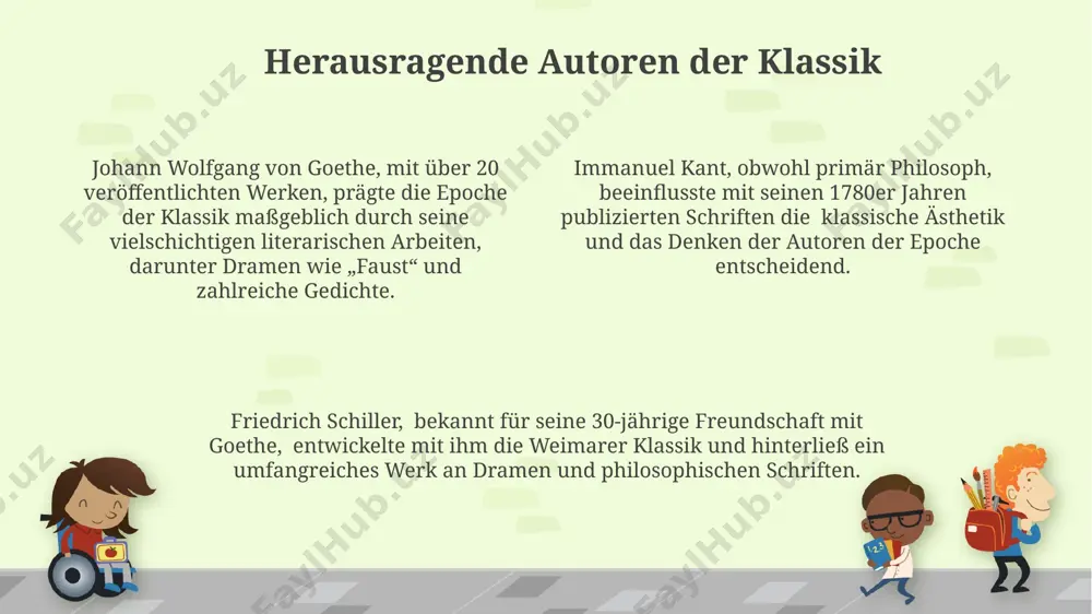 schiedliche literarische stile und philosophische themen behandeln. das drama verwendet zahlreiche literarische stilmittel, darunter allegorische figuren, dramatische ironie und einen wechsel zwischen hohen und niedrigen stilregistern, um die komplexität der geschichte widerzuspiegeln. fausts pakt mit mephistopheles, der teufel, beinhaltet den symbolischen handel von seele gegen wissen und erfahrung, ein zentrales thema des werkes mit weitreichenden konsequenzen. kennzeichen der klassischen literatur im gegensatz zum barock bevorzugte die klassische literatur eine klarheit und prägnanz der sprache, oft mit fokus auf die einhaltung der 3 einheiten (handlung, ort, zeit). klassische literatur zeichnet sich durch eine betonung der vernunft und des ausgewogenen stils aus, oft mit symmetrischen strukturen in dramen, die aus 5 akten bestehen. die verwendung von allegorien und metaphern zur vermittlung tieferer bedeutungen war ein charakteristisches stilmittel, häufig mit einer idealisierten darstellung der menschlichen natur. vielen dank für ihre aufmerksamkeit @taqdimot_robot image1.png