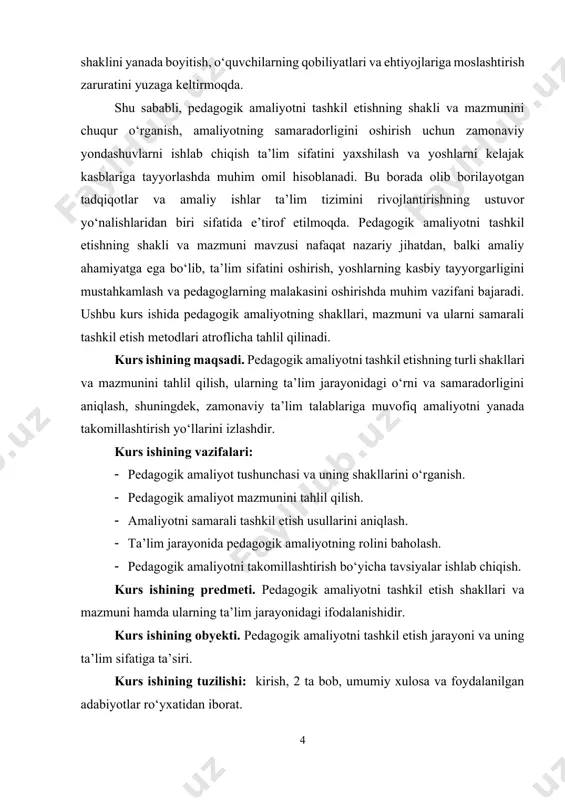 jarayonlarni, darslarni, tarbiyaviy ishlarni kuzatish asosiy hisoblanadi. masalan, talabalar o‘qituvchilarning darslarini tomosha qilishadi, ularning pedagogik usullarini tahlil qilishadi, mahorat darslarida ishtirok etishadi, pedagogik faoliyatning turli jihatlarini o‘rganishadi. passiv amaliyotda talabalar o‘zlari pedagogik faoliyatni olib bormaydi, balki boshqalar tomonidan amalga oshirilayotgan ishlarni kuzatadi. passiv amaliyot shaklining asosiy afzalligi shundaki, u talabalarni nazariy bilimlarni amaliy jihatdan o‘rganishga tayyorlaydi, ular uchun kasbiy faoliyatning mohiyatini ko‘rish imkonini yaratadi. shu bilan birga, passiv amaliyot talabalarni pedagogik faoliyatga bosqichma-bosqich moslashishiga yordam beradi, stress va noqulayliklarni kamaytiradi. bu bosqichda talabalar pedagogik jarayonning tashkiliy tomonlarini, ta’lim tizimidagi struktura va jarayonlarni yaxshiroq anglay boshlaydilar. ammo passiv amaliyotning kamchiliklari ham mavjud. asosiy kamchilik — bu faoliyatga bevosita ishtirok etmaslik, shu sababli talabalar mustaqil ish olib borish va qaror qabul qilish ko‘nikmalarini yetarlicha shakllantira olmaydi. bu esa keyingi faoliyatda pedagogik ko‘nikmalarni chuqurroq o‘zlashtirish imkoniyatlarini cheklaydi. aktiv pedagogik amaliyot shakli — bu talabalar yoki o‘qituvchilarning o‘zlari mustaqil yoki rahbarlik ostida pedagogik faoliyatni …