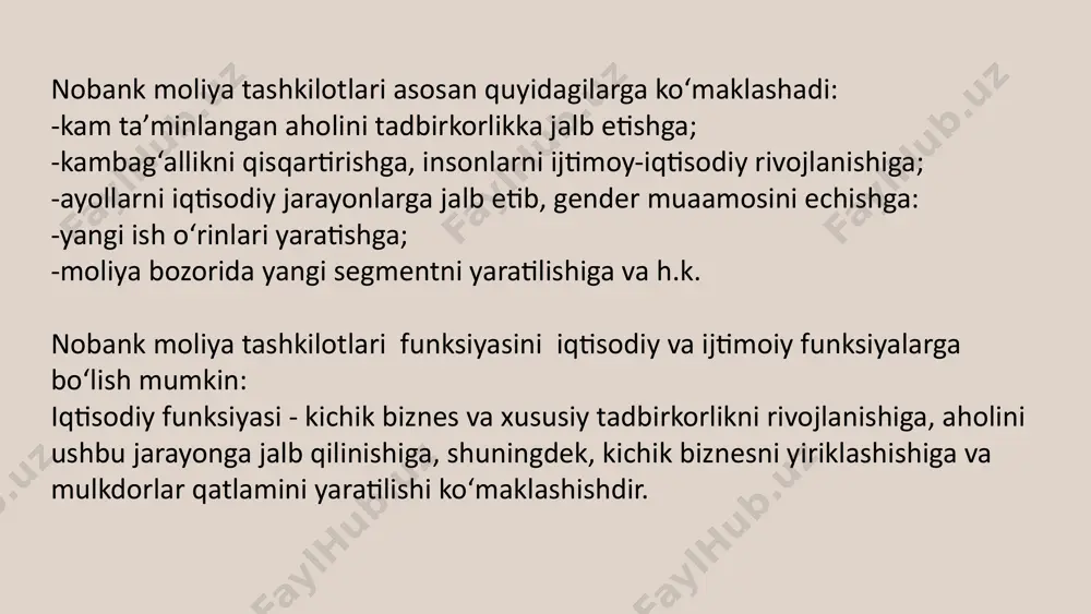 ombard tashkilotlari jismoniy shaxslarga o‘zining moliyaviy xizmatlarini ko‘rsatadi. lombard faoliyatini amalga oshirishga maxsus litsenziyaga ega bo‘lgan holda lombardlar faoliyati fakat ixtisoslashtirilgan yuridik shaxslar tomonidan amalga oshiriladi. lombardlar faoliyatini litsenziyalashni o‘zbekiston respublikasi markaziy banki amalga oshiradi.lombardlar faoliyatini amalga oshirish uchun litsenziya belgilanmagan muddatga beriladi. litsenziyani boshqa yuridik shaxsga berish taqiqlanadi. lombardlar tomonidan amalga oshiriladigan xizmat turlari: 1.lombardlar fuqarolarga shaxsiy iste’mol uchun mo‘ljallangan ko‘char mulk garov ostida qisqa, lekin, 3 oydan ko‘p bo‘lmagan, muddatli kreditlar beradilar. 2.lombardlar amalda shakllantirilgan ustav fondining 50% idan oshmaydigan miqdorida bank kreditlari va boshqa qarz mablag‘larini jalb qilish huquqiga ega. 3.lombard, pasport yoki shaxsni tasdiqlovchi boshqa hujjat taqdim etilganda, fuqarolar bilan shartnomalar tuzadi. 4.lombard garovga yoki saqlash uchun topshirilgan mulkdan foydalanish va tasarruf etishga haqli emas. e’tiboringiz uchun rahmat! image1.jpeg image2.jpeg image3.png image4.svg image5.jpeg image6.jpeg image7.jpeg /docprops/thumbnail.jpeg