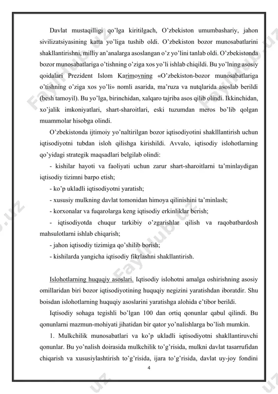 uy-joy fondini xususiylashtirish to’g’risida va boshqa qonunlar qabul qilindi. 2. xo’jalik yuritishni tartibga soluvchi qonunlar, ya’ni xususiylashtirish, mulkchilik, tadbirkorlik, korxonalar, fermer xo’jaligi, dehqon xo’jaligi, shirkat xo’jaligi to’g’risida qonunlar qabul qilindi. bozor infratuzilmasini yaratuvchi va uning faoliyatini tartibga solib turuvchi banklar va bank faoliyati, pul tizimi, tadbirkorlik, sug’urta, birjalar va birja faoliyati to’g’risida, qimmatli qog’ozlar va fond birjasi to’g’risida va boshqa qonunlar qabul qilindi. korxona bilan davlat o’rtasidagi, korxonalar o’rtasidagi munosabatlarni yo’lga qo’yuvchi, soliq tizimi, monopolistik faoliyatni cheklash, korxonalarning bankrot bo’lishi haqida qonunlar qabul qilindi, xo’jalik protsessual kodeksi ishlab chiqildi, xo’jalik sudi tuzildi. 3. o’zbekistonning tashqi iqtisodiy faoliyatini belgilab beruvchi huquqiy normalar yaratildi. tashqi iqtisodiy faoliyat to’g’risida, chet el investitsiyalari to’g’risida, o’zbekiston respublikasining xalqaro shartnomalari to’g’risida qabul qilingan qonunlar mamlakatimiz tashqi aloqalarining rivojlanishi tarixida yangi sahifa ochdi. 1991-yil 18-noyabrda qabul qilingan mulkni davlat tasarrufidan chiqarish va xususiylashtirish to’g’risidagi qonunga muvofiq, davlat mol-mulkni xususiylashtirish masalalari bo’yicha 20 dan ortiq maxsus dasturlar ishlab …