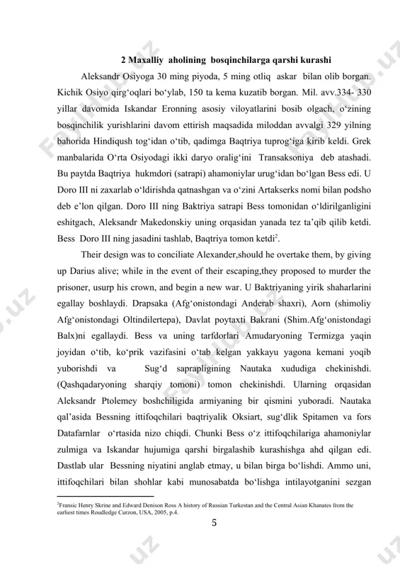 mlakat ichki hududlariga chekinishdi. spitamen va uning ittifoqchilari bessni iskandarga topshirish bilan dushman istilolarini to‘xtatmoqchi bo‘lishdi. chunki iskandar eronga yurish boshlaganda, u o‘z dushmani doro iii ni nomardlarcha zaharlab o‘ldirgan bessdan o‘ch olish niyatida ekanligi e’lon qilgan edi. ptolemey orqasidan katta qo‘shin bilan aleksandrning o‘zi yurdi. uning yo‘lida branxidlar shahri chiqdi. branxidlar avlodlari milet (kichik osiyo) shaxriga yaqin appalon didimkiy ibodatxonasining ruhoniylari bo‘lgan. ular kserks davrida ( mil. avv.481-465 yy.) o‘rta osiyoga ko‘chirilgan edi. branxidlar eron bosqini davrida ibodatxonaning xazinasini axamoniylarga topshirib, jonlaini saqlab qolgan edilar. yunonlarning qasosidan qo‘rqib o‘rta osiyoga kelgan edilar. ular mil.avv. v asrda o‘rta osiyoga kelgan birinchi yunonlar bo‘lishgan. ularning shaxri yerqo‘rg‘on yodgorligi o‘rnida bo‘lgan. bu hozirgi kunda qarshi shahridan 10 km shimolda joylashgan. branxidlar makedonskiy va uning qo‘shinlarini non va tuz va xursandlik bilan kutib olgshan bo‘lsalar-da, makedonskiy ularning barchasini xoinlikda ayblab, qirib tashlaydi va shaxrini ham vayron qiladi. tarixchilardan arrian va kvint kursiy ruflarning …