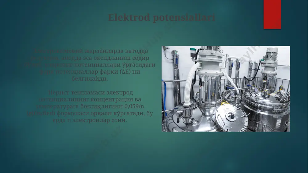 g parametrlari (tok zichligi, temperatura, elektrolit tarkibi) qoplama sifatini, uning yopishishini va kristall tuzilishini aniqlaydi, masalan, 20-40 a/dm² tok zichligi qotishma qoplamalarning sifatiga ta'sir qiladi. nikel, xrom va sink kabi metallardan tashqari, elektrokimyoviy usulda murakkab qotishmalarni, masalan, ni-p (nikel-fosfor) qotishmalarini 90-95% samaradorlik bilan qoplash mumkin. elektrokimyoviy korroziya elektrokimyoviy korroziyani inhibe qilish uchun 300-500 mv ga yaqin himoya potensiali yaratuvchi inhibitörlar qo'llaniladi, bu korroziya jarayonini sezilarli darajada sekinlashtiradi. temirning elektrokimyoviy korroziyasi kislorodli muhitda tezlashadi, reaksiya tezligi 25°s da 10 -6 dan 10 -2 mm/yil oralig'ida o'zgarib turadi va ph ga bog'liq. e'tiboringiz uchun rahmat @taqdimot_robot image6.jpg image7.jpg image8.jpg image9.jpg image10.jpg image11.jpg image12.jpg image13.jpg image14.jpg image15.jpg image16.jpg image17.jpg image18.jpg image19.jpg image20.jpg image21.jpg image2.png image3.png image4.png image5.png