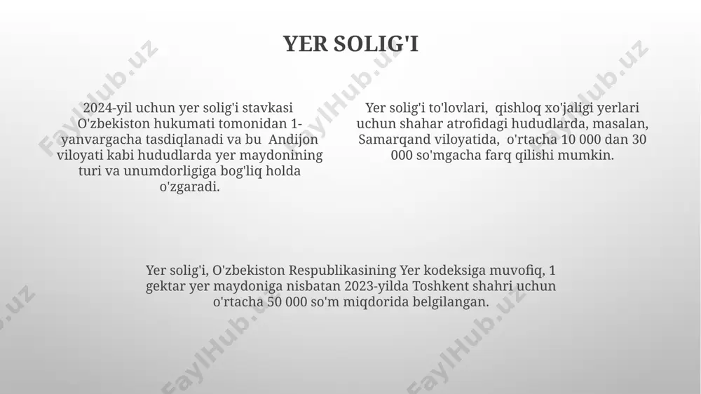 spublikasi bo‘yicha belgilangan umumiy qoidalarga muvofiq amalga oshiriladi, biroq ba’zi imtiyozlar mavjud bo‘lishi mumkin. 2023-yil 1-yanvardan boshlab o‘zbekistonda daromad solig‘ining progressiv shkalasi qo‘llaniladi, bunda 10% dan 25% gacha bo‘lgan stavkalar daromad miqdoriga bog‘liq holda qo‘llaniladi. soliq obyektlari va bazalari товарларни импорт қилишда божхона божи ставкаси 2023 йил 1 январдан бошлаб 5% дан 10% гача оширилганлиги сабабли, солиқ объекти ва базасига ўзгартиришлар киритилди. бу ўзгариш тошкент шаҳридаги божхона органлари томонидан амалга оширилди. ер солиғининг солиқ базаси ер майдони ва жойлашган ҳудуди (масалан, андижон вилоятидаги ерлар учун) ҳамда ернинг категориясига боғлиқ равишда ҳисобланади. умумий солиқ ставкаси 0,1% дан 1% гача ўзгариб туради. 2022 йилда юридик шахслар учун фойда солиғининг ставкаси 15% бўлган, 2023 йил учун эса самарқанд вилоятидаги корхоналар учун махсус имтиёзлар билан 12% гача пасайтирилган. солиқ базаси корхонанинг соф фойдасидир. soliq nizolarini hal qilish soliq nizolari bo'yicha 2023-yilda o'zbekistonda 1500 dan ortiq da'volar ko'rib chiqilgan bo'lib, ularning 70%i soliq to'lovchilar foydasiga …