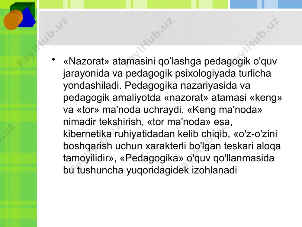 sida ko'rib chiqish va izlash bilan bog'liq. shu tariqa psixologik nuqtayi nazarda talabaning o'quv faoliyati deganda — o'z-o'zining nazorati, o'zining o'quv faoliyati borasida aniqligini ta'minlovchi spetsifik o'quv faoliyati shakli tushuniladi. o'z-o'zini nazorat qilishning pedagogik tushunchasi esa, o'quv faoliyatini vaqti-vaqti bilan tekshirib, borishni emas, balki o'zlashtirish natijalari bo'yicha o'quvchi tomonidan tashkillashtirilgan o'quv faoliyatidir. hozir esa, biz o'z-o'zini nazorat qilishning o'z-o'zini boshqarishga asoslangan o'qitish uslubi va talabaning o'quv faoliyati sifatida qaramoqdamiz. bundan kelib chiqib, birinchi kurs talabasining (iloji boricha tezroq, shaxsiy o'quv faoliyatini shunday to'g'ri va aniq tashkil etishi kerakki, unda o'quv materiali uni o'zlashtirish davomida zudlik bilan,. kechiktirmay o'zlashtirilsin. demak, bir necha kun tayyorlanib va darhol, bir urinishda o'qilgan dasturlar bo'yicha javob bermaslik uchun, imtihon sessiyasi kelishini kutib o'tirmasdan, hech narsani orqaga surmaslik, o'zlashtirilmagan ma'ruza matnlari va o'qilmagan ilmiy matnlar va o'quv adabiyotlarni to'plamaslik kerak. afsuski, ko'p birinchi kurs talabalari bunday yo'l tutishmaydi. 11 talabalarning bunday ish uslubi oldindan ma'lum: bilimlari …