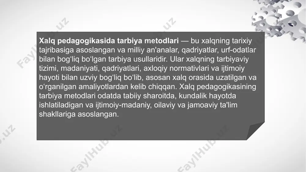, bu uning xato qilganini anglashiga yordam beradi. o‘yin va musobaqalar yordamida tarbiya: xalq pedagogikasi o‘yinlardan ham tarbiyaviy metod sifatida foydalanadi. o‘yinlar bolalarga guruhda ishlashni, boshqa odamlar bilan hamkorlikni, to‘g‘ri qarorlar qabul qilishni va kurashishda qatnashishni o‘rgatadi. bu metodlar orqali bolalar o‘zaro munosabatlarni o‘rganadilar, ijtimoiy ko‘nikmalarni rivojlantiradilar. masalan, jamoaviy o‘yinlar yoki musobaqalar orqali bolalar bir-birlariga yordam berishni, jamoaviy ishda faol bo‘lishni o‘rganadilar. qo‘llab-quvvatlash va ruhiy yordam: xalq pedagogikasida bolalar, o‘quvchilar yoki yoshlarni qo‘llab-quvvatlash, ularning o‘zini his qilishlariga yordam berish katta o‘rin tutadi. ijtimoiy, madaniy va oilaviy aloqalar o‘rnatish, bolalarning hayotidagi muhim vazifalarni bajarishda yordam berish ular uchun ko‘proq motivatsiya yaratadi. masalan, ota-ona bolani yuqori natijalar va muvaffaqiyatlarga erishishga ilhomlantiradi, unga yo‘l-yo‘riq ko‘rsatadi. san'at va musiqaning tarbiyaviy ahamiyati: xalq pedagogikasi san'at va musiqani tarbiya jarayonida keng qo‘llaydi. san'at orqali bolalar estetik dunyoqarashni rivojlantiradilar, musiqiy asarlar orqali axloqiy va ma'naviy qadriyatlarni o‘rganadilar. xalqning musiqiy an'analari va xalq qo‘shiqlari bolalarni yaxshi xulq-atvorga o‘rgatish …