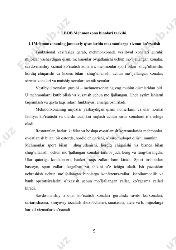 o’rsatadi. mehmonxonaning xizmat va maishiy xonalari xodimlarga ishlash, yashash, ovqatlanish, shu jumladan xo’jalik va qo’shimcha ehtiyojlarini qondirish imkonini beradi. texnik xonalarda mehmonxonaning havo almashtirish, markazlashtirilgan tartibda axlatni yig’ish va bartaraf etish, telefon, signalizatsiya texnikasini va mehmonxona hayot faoliyatini ta’minlovchi boshqa sistemalarning ishini nazorat qiladigan xizmatlar joylashadi. muayyan xonalar guruhlarining tarkibi va maydoni har xil bo’lib, mehmonxona turi, foydalanish shart-sharoitlari va sig’imiga bog’liq. mehmonxona binosiga tutashuvchi hudud ham mehmonxonaning funktsional zonasi hisoblanadi. u mehmonxona mijozlari va xodimlarini tashqi muhit (shovqin, gazlanganlik, ifloslanganlik va sh.k.)dan ajratish, kelayotgan mehmonlarga qulaylik yaratish imkonini beradi. shu nuqtai nazardan mehmonxona transport bo’g’inlari yaqinida joylashishi, bino tegishli tarzda jihozlanishi (reklama qilinishi) muhim ahamiyatga ega. mehmonxona yaqinida mehmonlar dam olishi, avtomobillarini qo’yishi uchun joylar nazarda tutiladi. mehmonxona hududining er osti maydonidan foydalanish ham istiqbollidir. mehmonxona turli xonalari va binolari guruhlarining aloqalari 4.1-rasmda ifodalangan[footnoteref:1]. [1: www.turagentstvo.uz] 1.1.1-jadval mehmonxona xonalari va binolarining asosiy guruhlari va ularning aloqalari xizmat xonalari va …