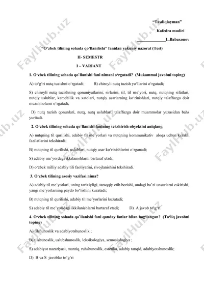 o'zbek tilining sohada qo'llanilishi fanidan yakuniy nazorat (test) — DOCX