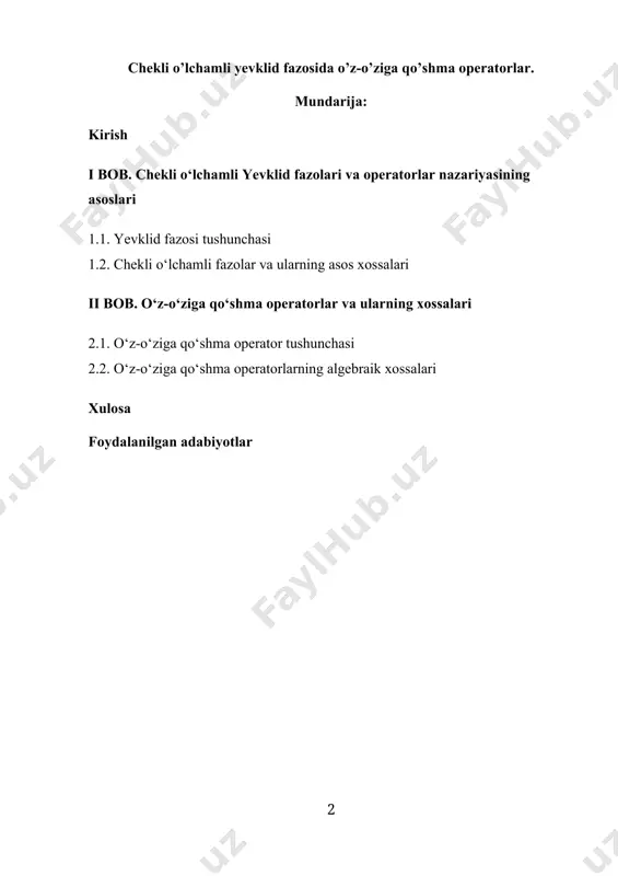 operatorlarning xossalarini tushunishni osonlashtiradi va talabalarning mavzuni chuqur o‘zlashtirishiga yordam beradi. mazkur kurs ishida o‘z-o‘ziga qo‘shma operatorlarning asosiy xossalari, ularning algebraik va geometrik talqini, matritsa orqali ifodalanishi, xos qiymatlar va vektorlar bilan bog‘liqligi hamda ularning amaliy qo‘llanilishi keng yoritiladi. mavzuning dolzarbligi shundaki, o‘z-o‘ziga qo‘shma operatorlar ko‘plab real jarayonlarning modellashtirishida, xususan kvant mexanikasi, matematik fizika, signalni qayta ishlash va statistik tahlil sohalarida keng qo‘llaniladi. mavzuning dolzarbligi. hozirgi zamon matematikasi va uning amaliy sohalarida chiziqli operatorlar, ayniqsa o‘z-o‘ziga qo‘shma operatorlar (self-adjoint operators) muhim o‘rin egallaydi. ayniqsa, yevklid fazosida aniqlangan o‘z-o‘ziga qo‘shma operatorlar fizikada, injiniringda, raqamli signal tahlilida va boshqa ko‘plab texnik sohalarda keng qo‘llaniladi. bunday operatorlarning xos qiymatlari haqiqiy sonlardan iborat bo‘lishi va ular diagonallashtirilishi mumkinligi ularni tahlil qilishda qulaylik yaratadi. bundan tashqari, ularning asosiy xossalari orqali amaliy modellar yechimining barqarorligi va mavjudligi haqida muhim xulosalar chiqarish mumkin. matematika ta’limida ham ushbu tushunchaning o‘rni muhim: o‘z-o‘ziga qo‘shma operatorlar misolida talabalar chiziqli operatorlar …