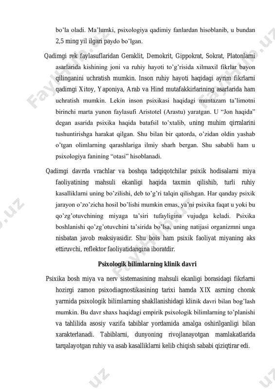hlar va boshqa tadqiqotchilar psixik hodisalarni miya faoliyatining mahsuli ekanligi haqida taxmin qilishib, turli ruhiy kasalliklarni uning bo’zilishi, deb to’g’ri talqin qilishgan. har qanday psixik jarayon o’zo’zicha hosil bo’lishi mumkin emas, ya’ni psixika faqat u yoki bu qo’zg’otuvchining miyaga ta’siri tufayligina vujudga keladi. psixika boshlanishi qo’zg’otuvchini ta’sirida bo’lsa, uning natijasi organizmni unga nisbatan javob reaksiyasidir. shu bois ham psixik faoliyat miyaning aks ettiruvchi, reflektor faoliyatidangina iboratdir. psixologik bilimlarning klinik davri psixika bosh miya va nerv sistemasining mahsuli ekanligi borasidagi fikrlarni hozirgi zamon psixodiagnostikasining tarixi hamda xix asrning chorak yarmida psixologik bilimlarning shakllanishidagi klinik davri bilan bog’lash mumkin. bu davr shaxs haqidagi empirik psixologik bilimlarning to’planishi va tahlilida asosiy vazifa tabiblar yordamida amalga oshirilganligi bilan xarakterlanadi. tabiblarni, dunyoning rivojlanayotgan mamlakatlarida tarqalayotgan ruhiy va asab kasalliklarni kelib chiqish sababi qiziqtirar edi. shu bois, psixiatrlar yevropa shifoxonalaridagi bemorlarni uzluksiz nazorat qilish bilan bir qatorda, o’z xulosalarini qayd qilib borardilar. natijada, psixodiagnostikaning kuzatish, so’rov, …