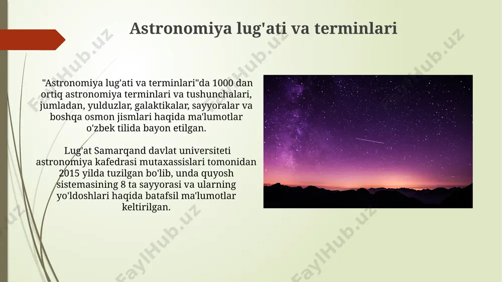 , yulduzlar va galaktikalar haqida 15 ta savol va 5 ta murakkab hisob-kitob masalasidan iborat. astronomiya mavzulariga oid videolar samarqand shahridagi "yosh astronomlar" klubi tomonidan yaratilgan 25 ta qisqa animatsion video, bolalar uchun quyosh sistemasining sayyoralari va ularning xususiyatlari haqida bilim beradi. o'zbekiston milliy universiteti astronomiya kafedrasi tomonidan tayyorlangan 10 ta video-ma'ruza, kosmik hodisalar, masalan, quyosh tutilishi va yulduz yomg'irlari haqida batafsil ma'lumot beradi. astronomiya darsliklari "astronomiya darsliklari" ning ba'zi namunalari quyosh tizimining shakllanishi, 100 000 dan ortiq yulduzlar haqida ma'lumotlar, galaktikalar va kosmik hodisalarni oʻz ichiga olgan holda 2023-yil ma'lumotlariga asoslangan. ba'zi "astronomiya darsliklari"da 100 dan ortiq rangli fotosuratlar va 3d modellashtirish texnologiyalari qoʻllanilgan boʻlib, sayyoralar sistemasining murakkab tuzilishini oʻrganishga yordam beradi. astronomiya modellari va qurilmalari quyosh soati kabi an'anaviy astronomiya qurilmalari, masalan, 12 soatlik shkala bilan jihozlangan va buxoroda topilgan tarixiy namunalar, o'quvchilarga vaqtni o'lchashning qadimgi usullarini tushunishga yordam beradi. astronomiya modellari, masalan, 3d quyosh sistemasining 9 sayyorasini …